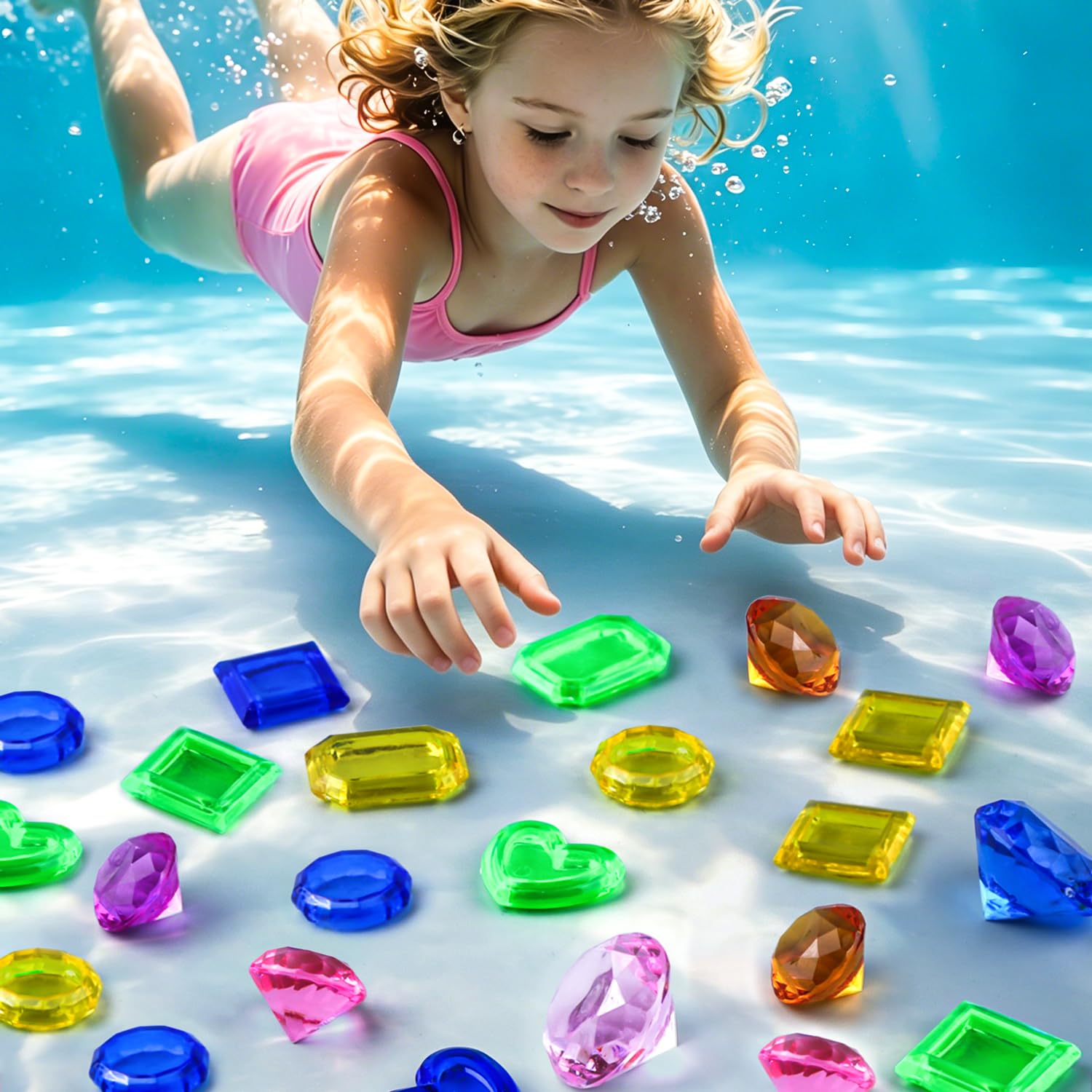SIENON Tauchspielzeug für Kinder, 109 Stück Pool-Spielset für die Unterwasser-Schatzsuche, 60 sinkende Edelsteine, 8 Meerestiere, 1 Piraten-Schatzkiste, 38 wasserfeste Karten, Spaß Wasserspielzeug