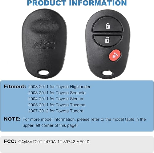 Miniatura 2 de ECCPP Llavero remoto de entrada sin llave para Toyota Highlander Sequoia Sienna Tacoma Tundra GQ43VT20T