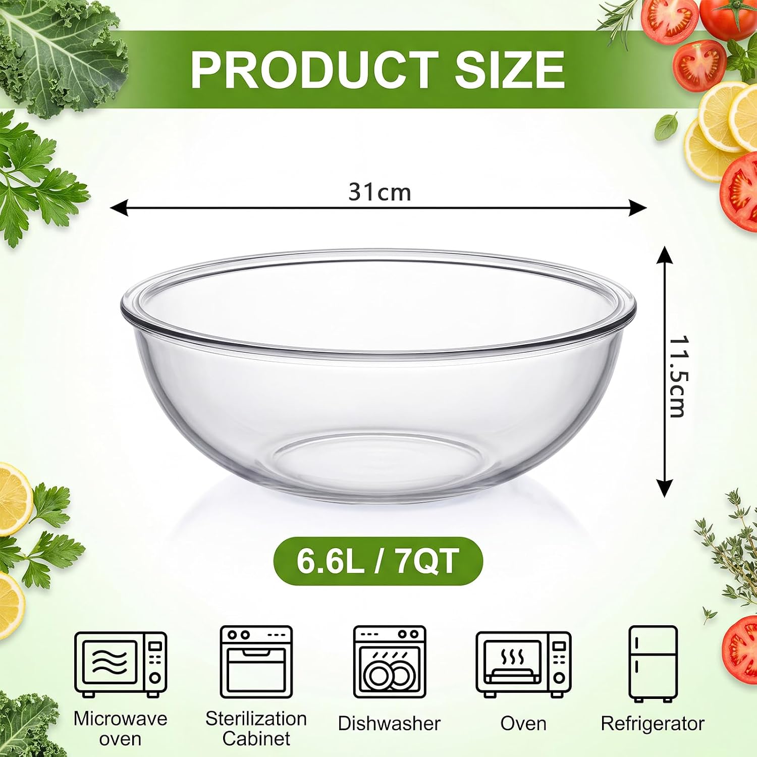 7 Qt Large Glass Mixing Bowl, Thickened Clear Salad Bowls