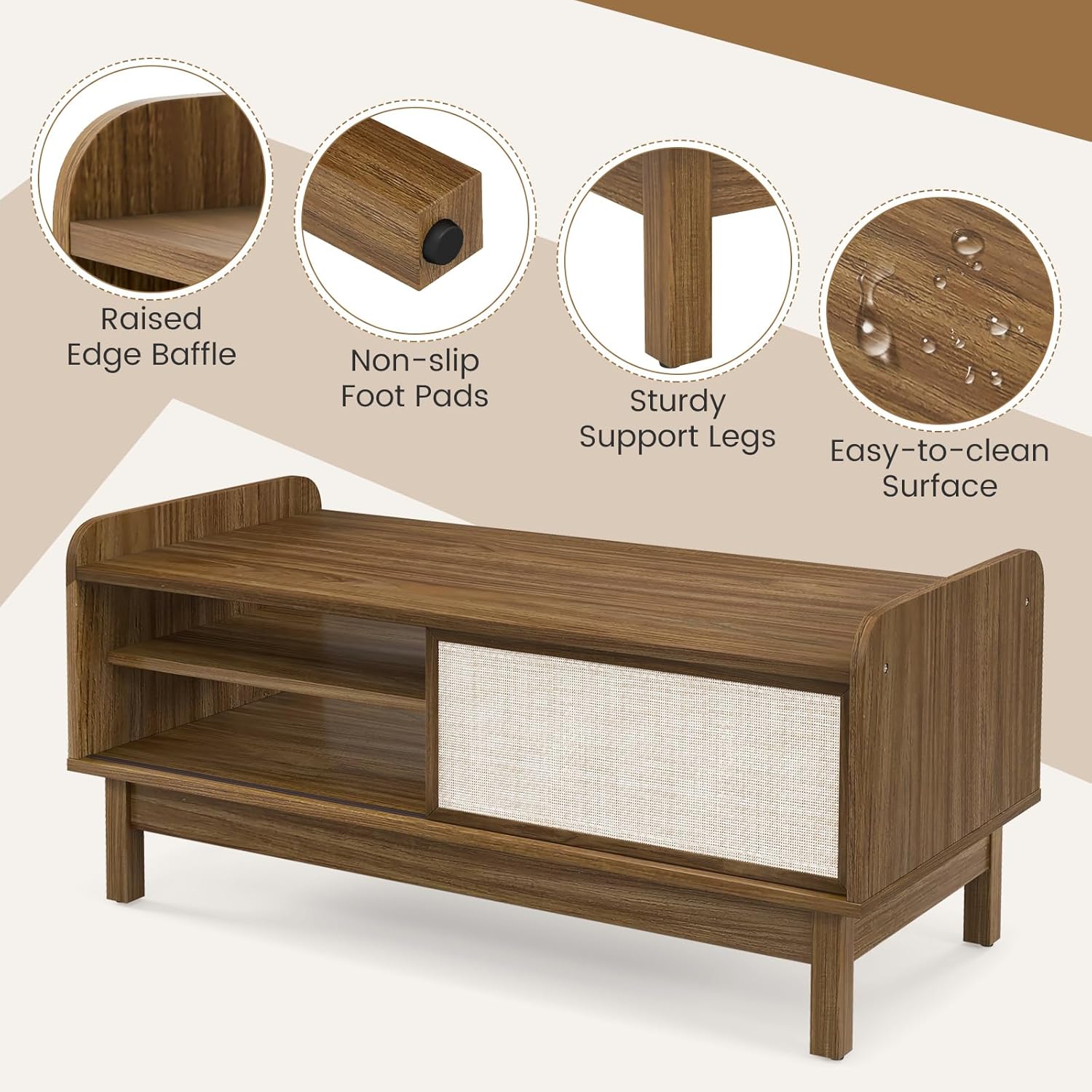 Giantex Mid Century Coffee Table with Storage, Rattan Modern Tea Table with Sliding Doors, Adjustable & Removable Shelf, Rattan Woven Door, Wooden Accent Center Tables for Living Room Apartment