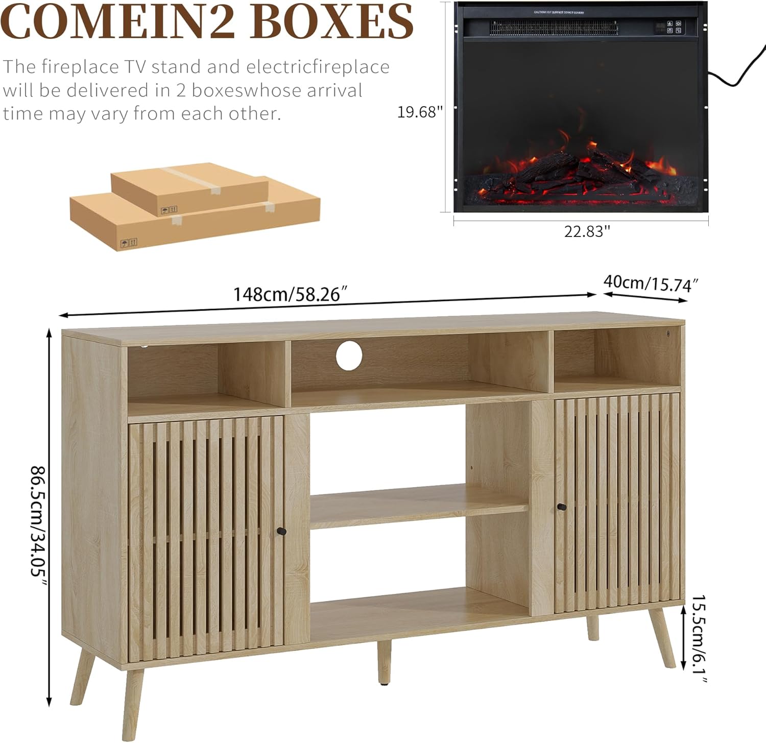 Fireplace TV Stand for Television up to 65 Inch with 23" Electric Fireplace, Fluted TV Stand, Modern Media Console Table with Adjustable Shelves, Entertainment Center for Living Room