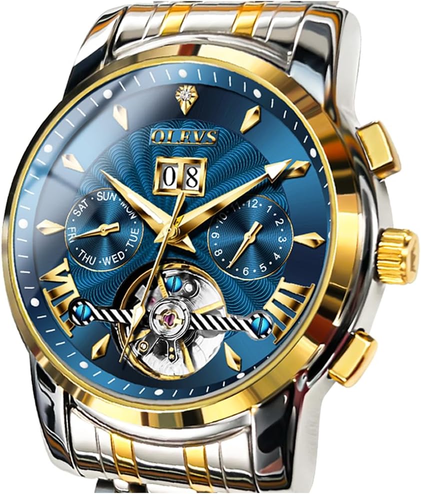 OLEVS Self Winding Watches for Men Automatic Mechanical Dress Tourbillon Stainless Steel Dual Calendar Waterproof Luminous Wrist Watch