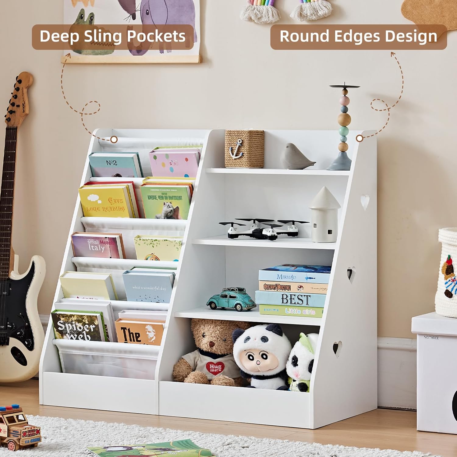 Lerliuo 4 Tier Kids Bookshelf and Storage Organizer, Five Layer Sling Children Bookcase, Baby Toddler Wooden Book Shelf, Display Cabinet for Playroom, Bedroom, Classroom, Nursery, School (White) - Image 2