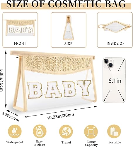 Miniatura 2 de Pequeñas bolsas de maquillaje transparentes de paja bohemia para mujeres y niñas, bolsa de cosméticos con cremallera de chenilla, bolsa de parche de