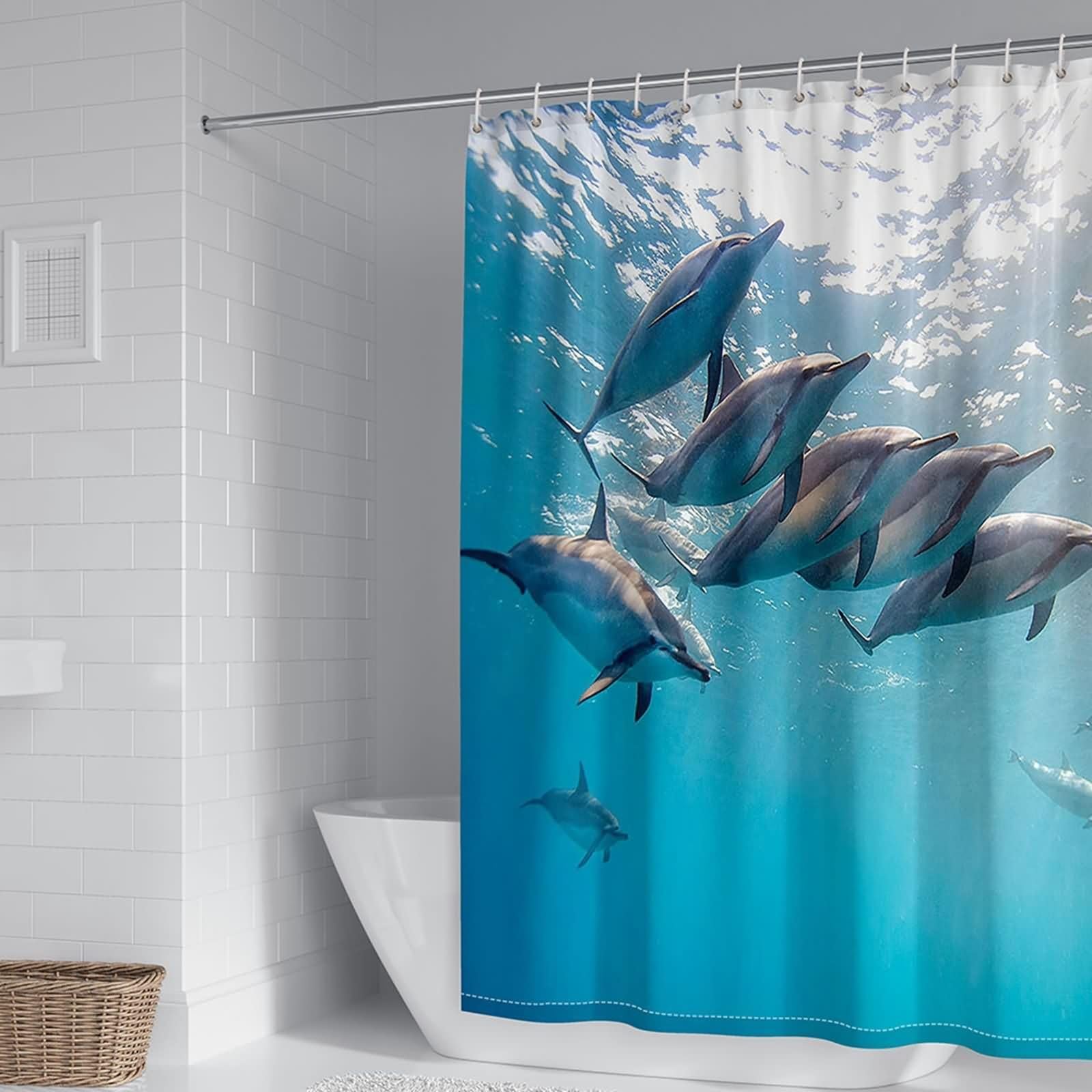 Rideau de douche étanche 240x200 cm en tissu bleu avec motif dauphins