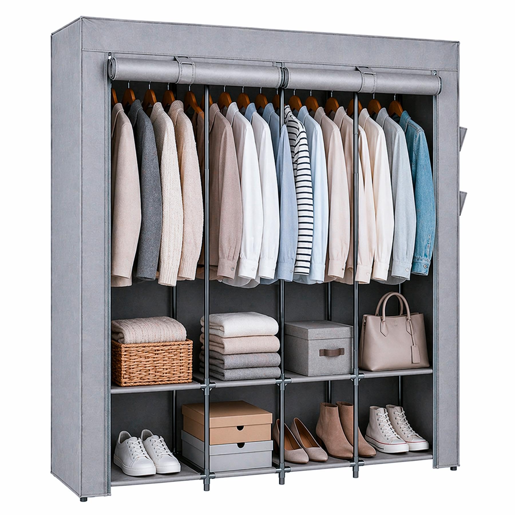 Harbour Housewares Portable Fabric Wardrobe - Grey -170x45x167cm Clothes Storage Closet with Hanging Rails, Shelves & Side Pockets, Zipped Cover, Lightweight Freestanding Clothing Organiser