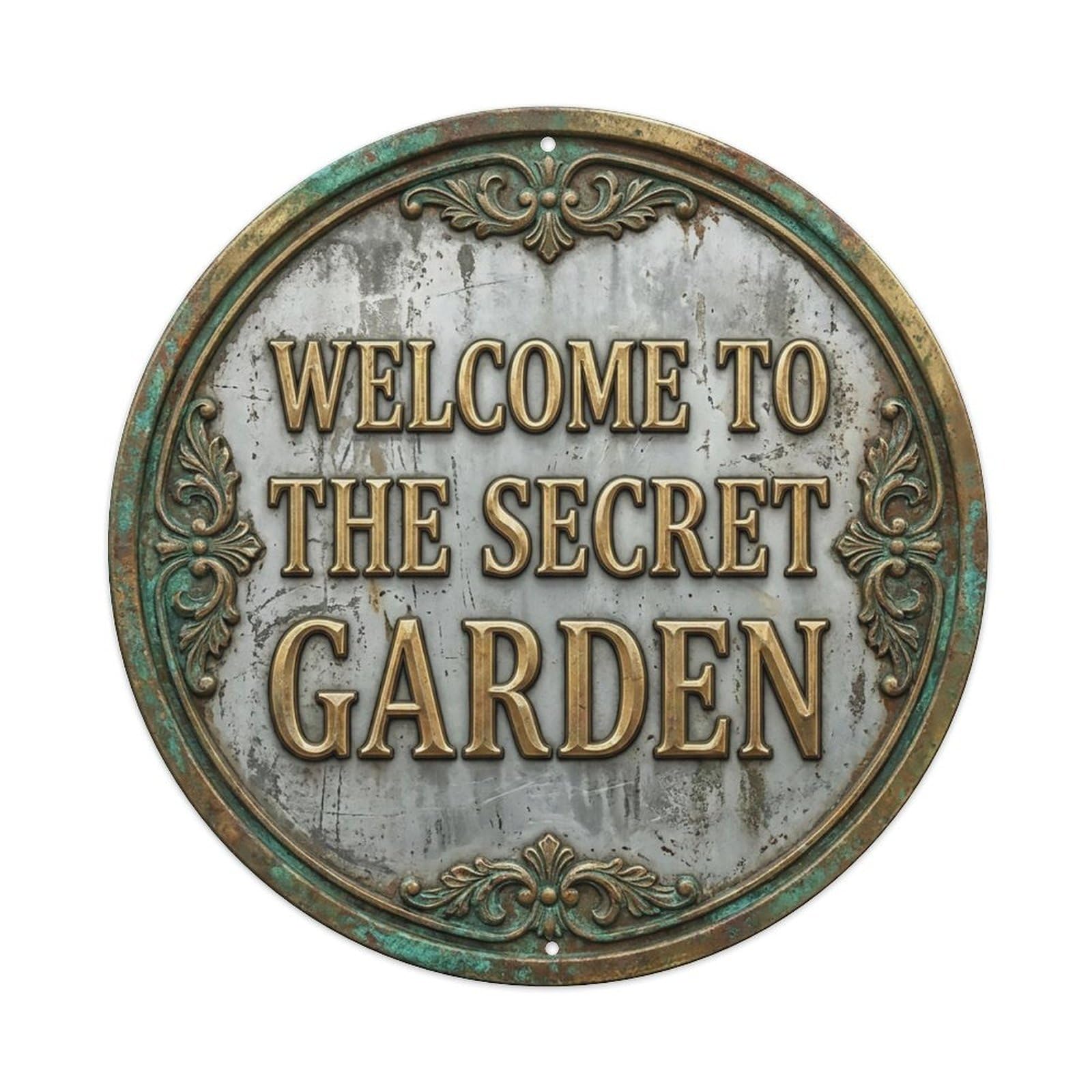 Vintage Welcome Secret Garden Brass Greymist Cottage Metal Tin Sign