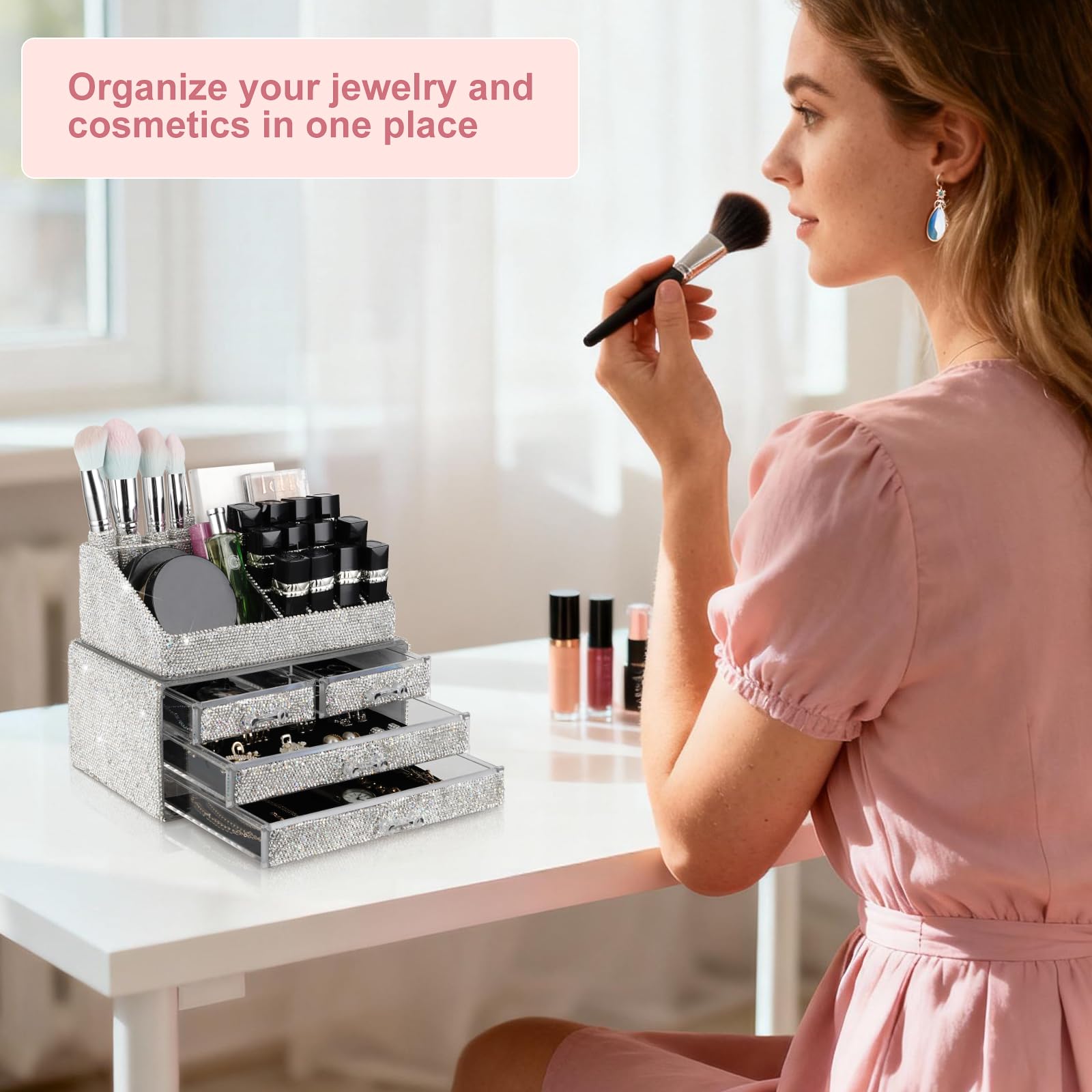 KEYPOWER Handmade Bling Makeup and Jewelry Organizer, 2-Piece White Set