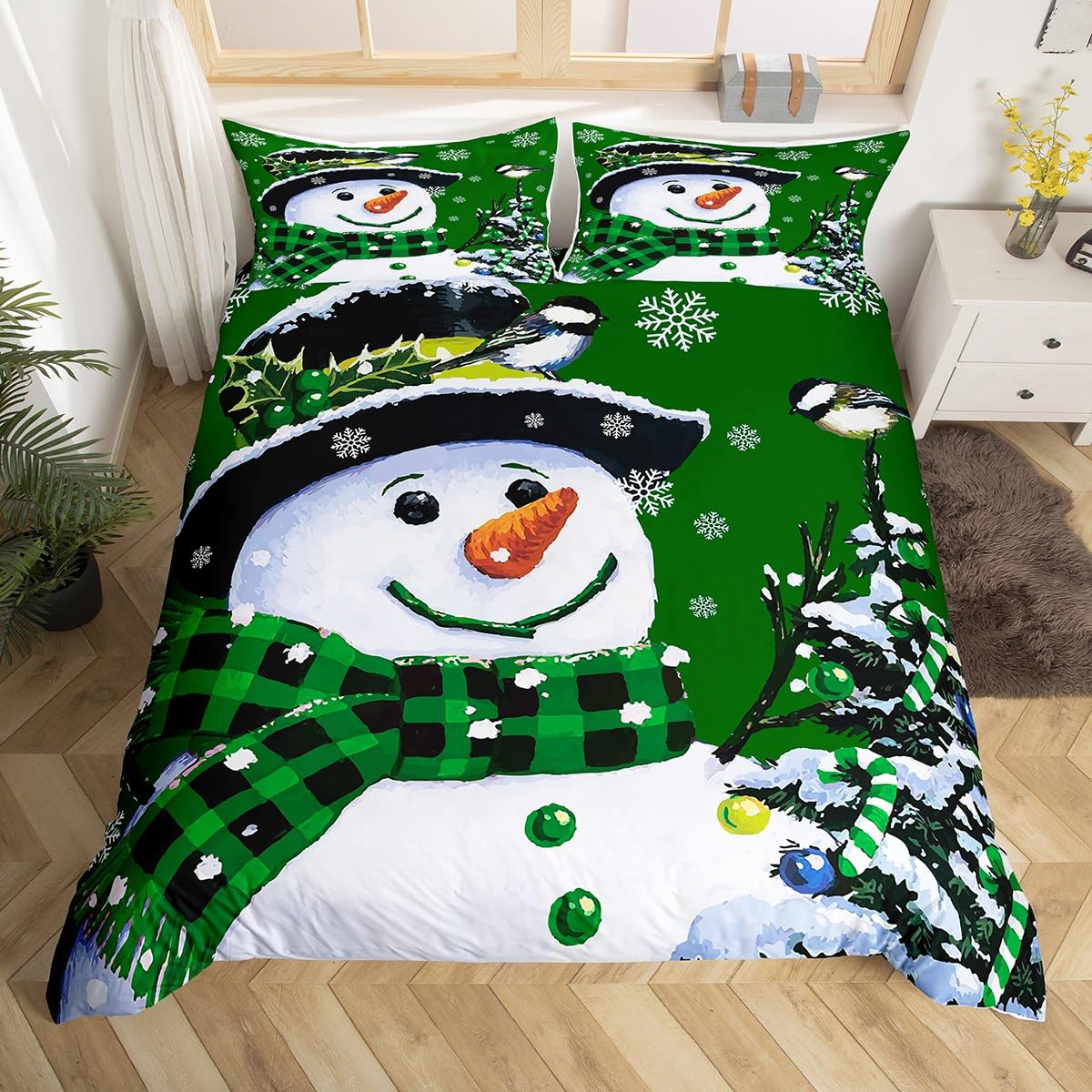 Homemissing Kids Christmas Theme Decorations Bedding Set Xmas Snowman Duvet Cover for Boys Girls Snowflake Kawaii Cute Comforter Green Comforter Cover Bedroom Collection Double Size