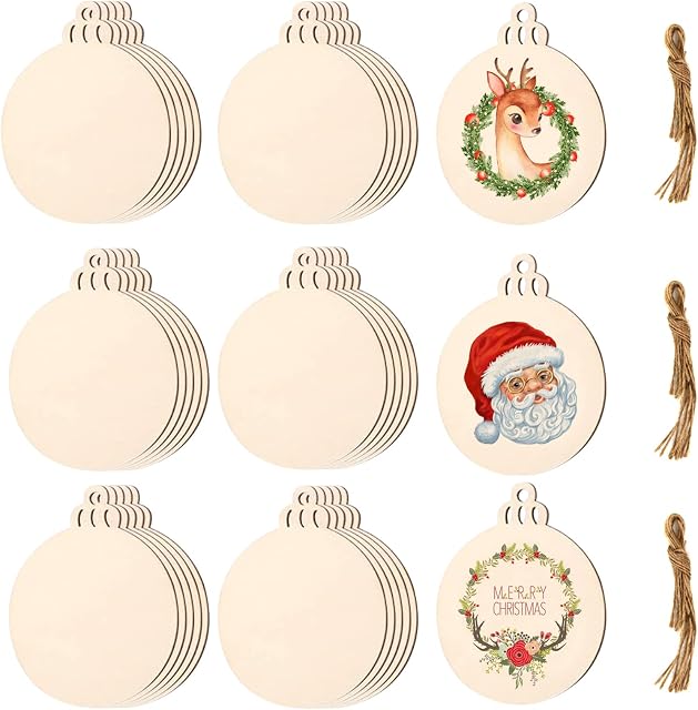 30PCS Wooden Christmas Ornaments Round Wooden Baubles Wood Slice Blank Wooden Embellishments Wood Pendants with String for Xmas Tree Decoration DIY Crafts