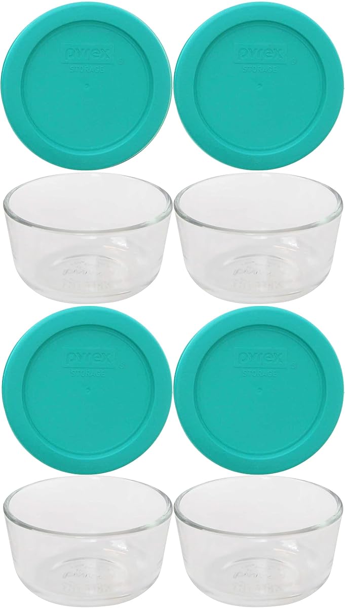 Pyrex 7202 1-Cup Bowls & 7202-PC Turquoise Lids (4-Pack) - Made in USA | 1-Cup Capacity | Tempered Glass Construction | Clear Glass Design | BPA-Free Plastic Lid | Refrigerator & Dishwasher Safe