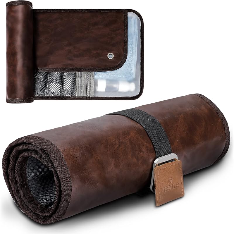 Necessaire Estour masculina enrolável com bolsos e fecho de fivela, Chic Brown (PU Leather), 1 unidade