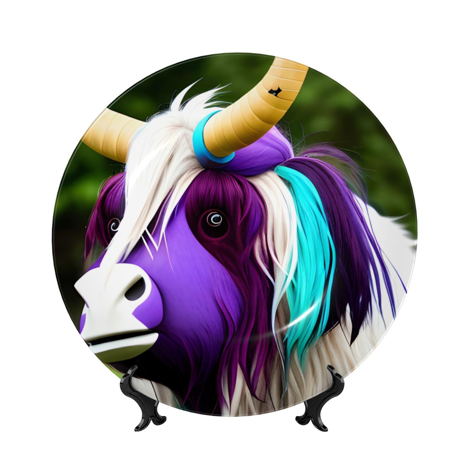 SXZVVBN Colorful cow's head Bone China Decorative Plate Art with Stand Removable Adhesive Hanging for Home Office 7in