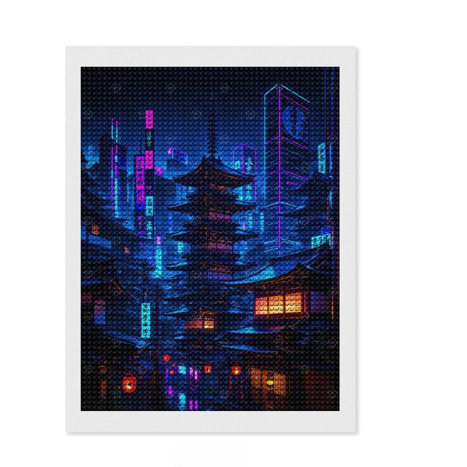 Junmoney Futuristic Japanese Cityscape at Night DIY Diamond Art Canvas Kit 12"x16", for Teens, Full Kit Included, Cosy Home Accent, Birthday Gift, Printed Canvas