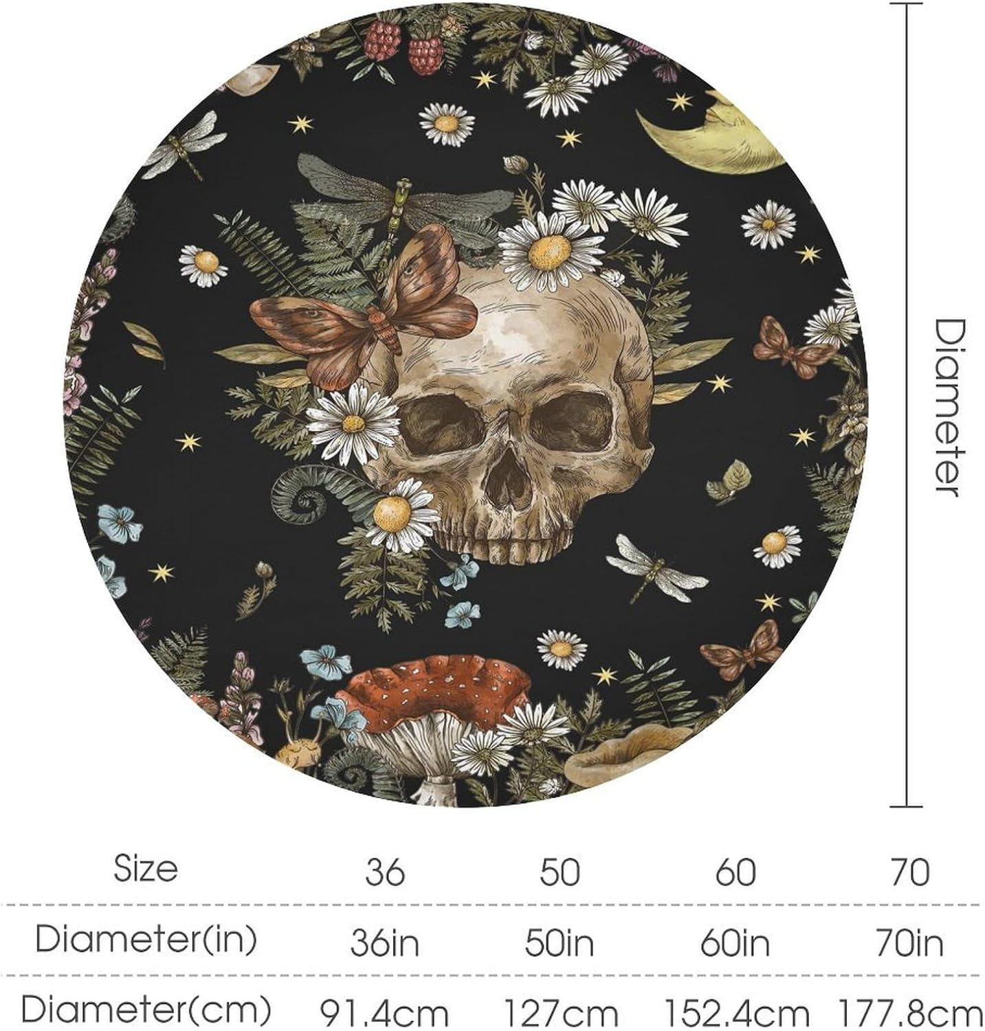 Gothic Skull Round Tablecloth, Mushroom Floral Moon Skeleton Butterfly Botanical Vintage Bohemian Print Tablecloth for Home Party Dining Room Kitchen Decor 70Inch(178cm)