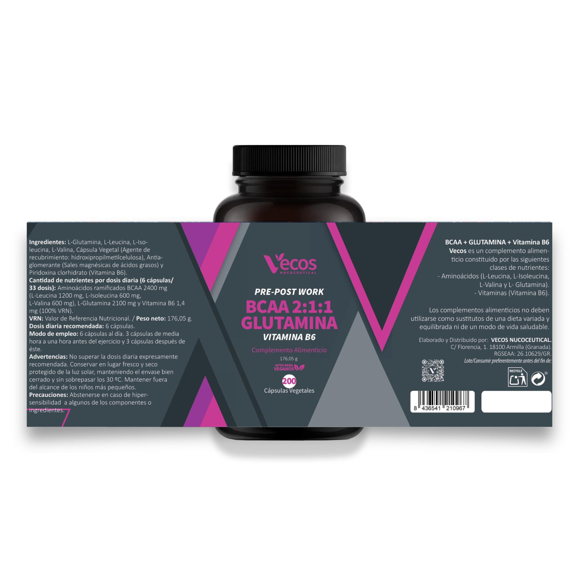 Suplemento Deportivo Pre y Post Workout | BCAA 2:1:1 + Glutamina + Vitamina B6 | Contribuye al Crecimiento y la Recuperación Muscular