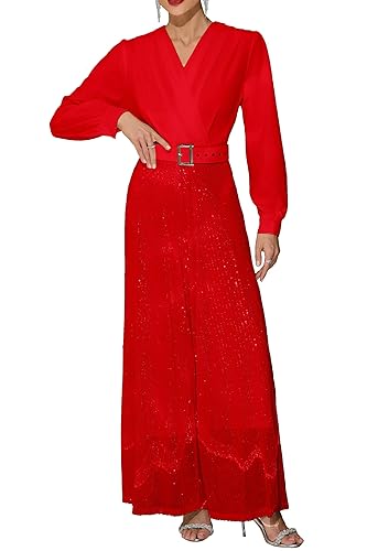 VERWIN Sequins Jumpsuit for Women Long Sleeve Sparkly Jumper V