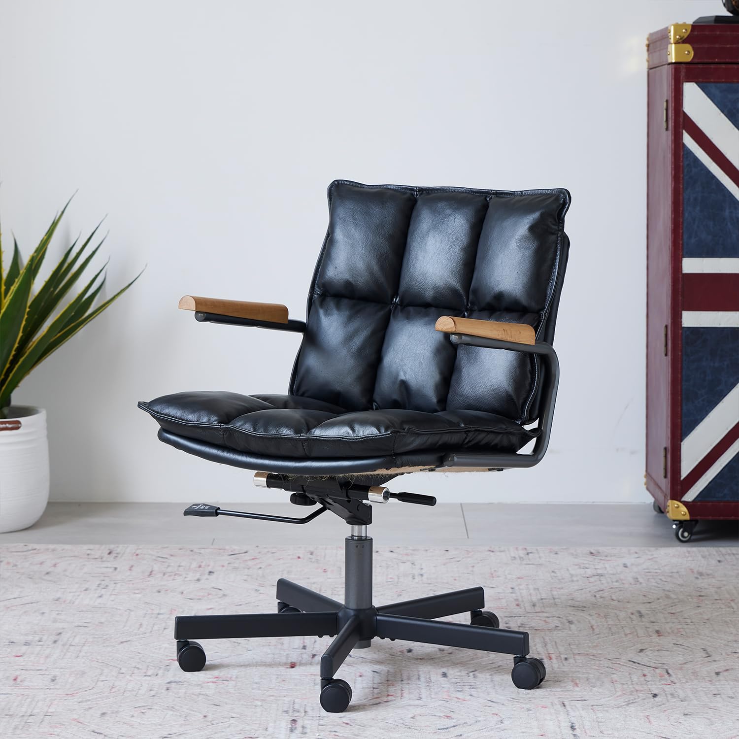 PELLEBAR Home Office Chair, Ergonomic Mid-Century Modern Genuine Leather Chair with Oak Armrest, Executive Rolling Swivel Adjustable Task Armchair for Adults, Black