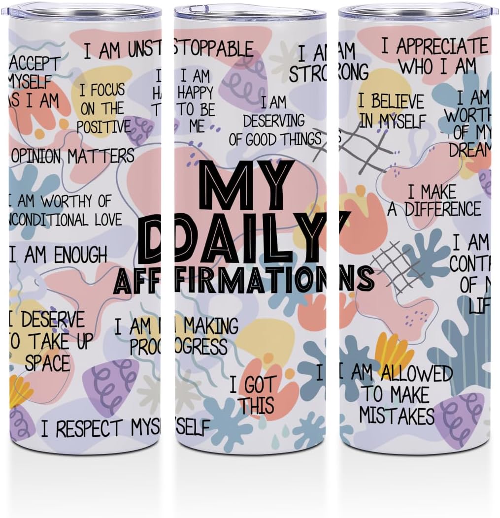 Daily Affirmations for Women Girls Bestie, Inspirational Self Love Christmas Birthday Gifts 20 oz Skinny Tumbler Stainless Steel Insulated Tumblers Straight Coffee Mug Thermal Travel Cup with Lid