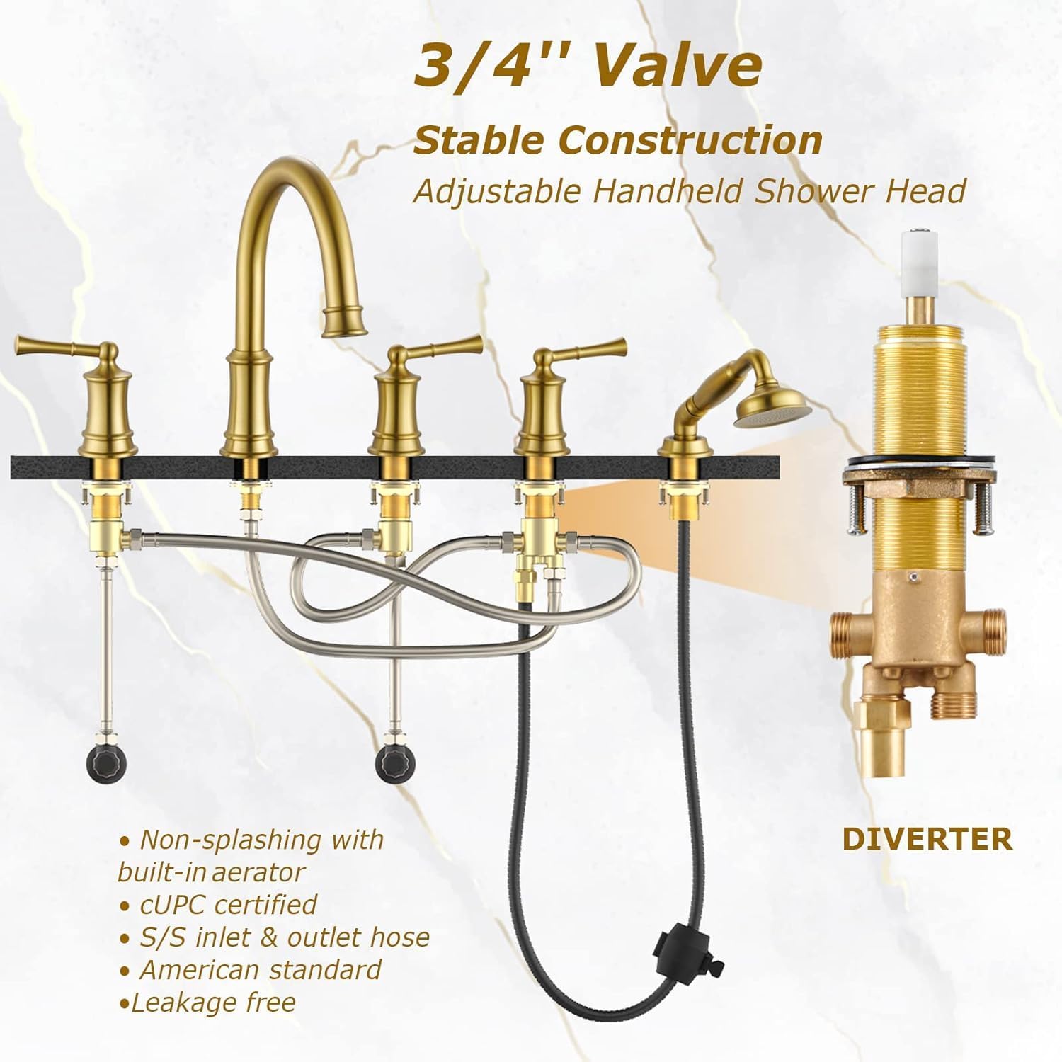 Roman Tub Faucet with Hand Shower, Antique Tub Shower Faucet Set with Valve for 5 Hole, Deck Mount Shower Tub Faucet Set，3 Handle Bath Tub Faucet High Flow, Brushed Gold(B2309-BG)