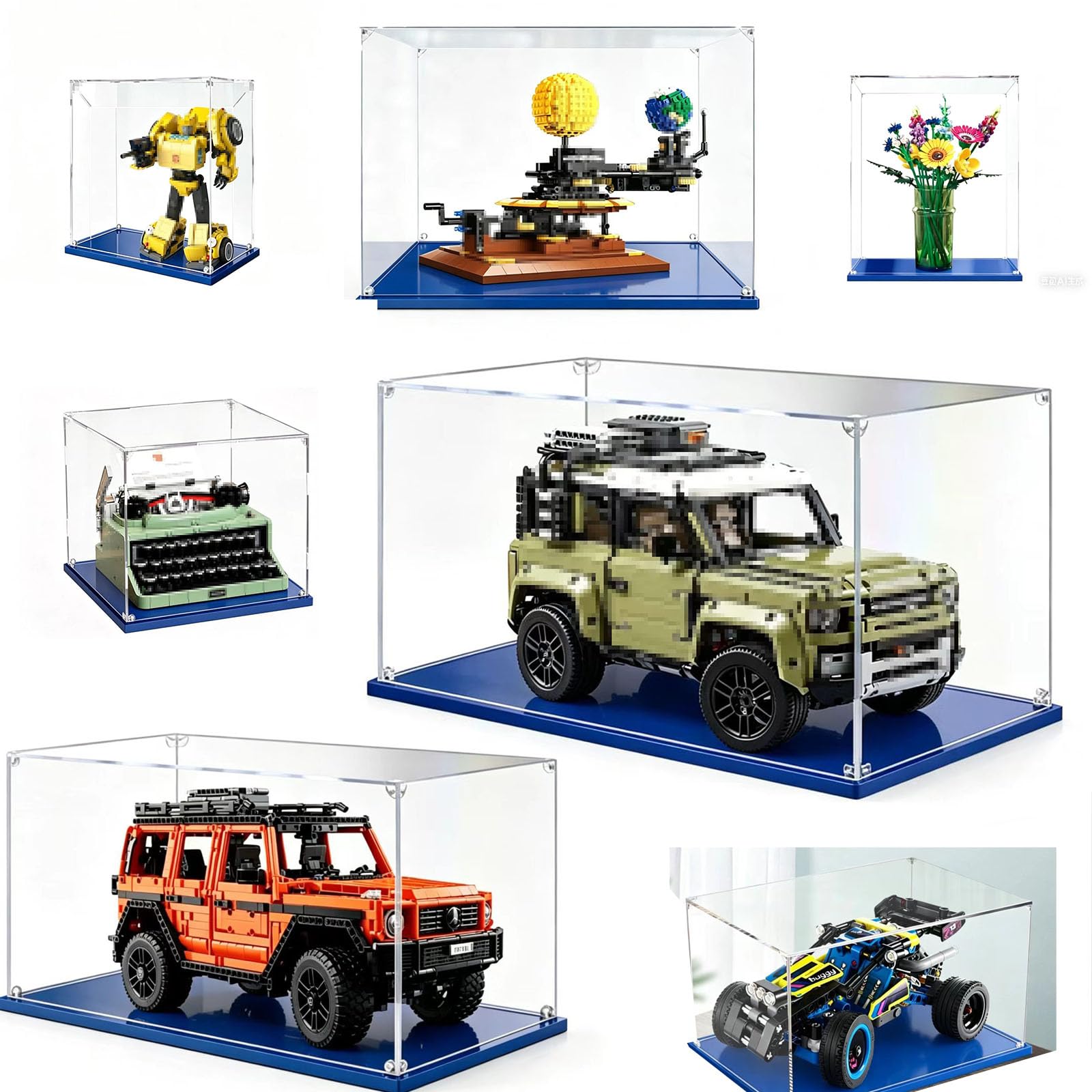 3mm Vitrina acrílica Transparente, Vitrina Expositora para Lego, Caja de Acrílico para el Hogar para Objetos de Colección，Caja de Acrílico con Base Azul para el Hogar (36x35x30CM)