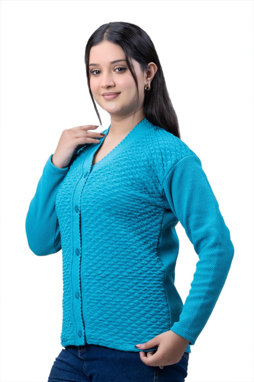 Women Stylish Cardigan Sweater V Neck Long Sleeves Women Sweater Cardigan (Sky Blue)-image-4