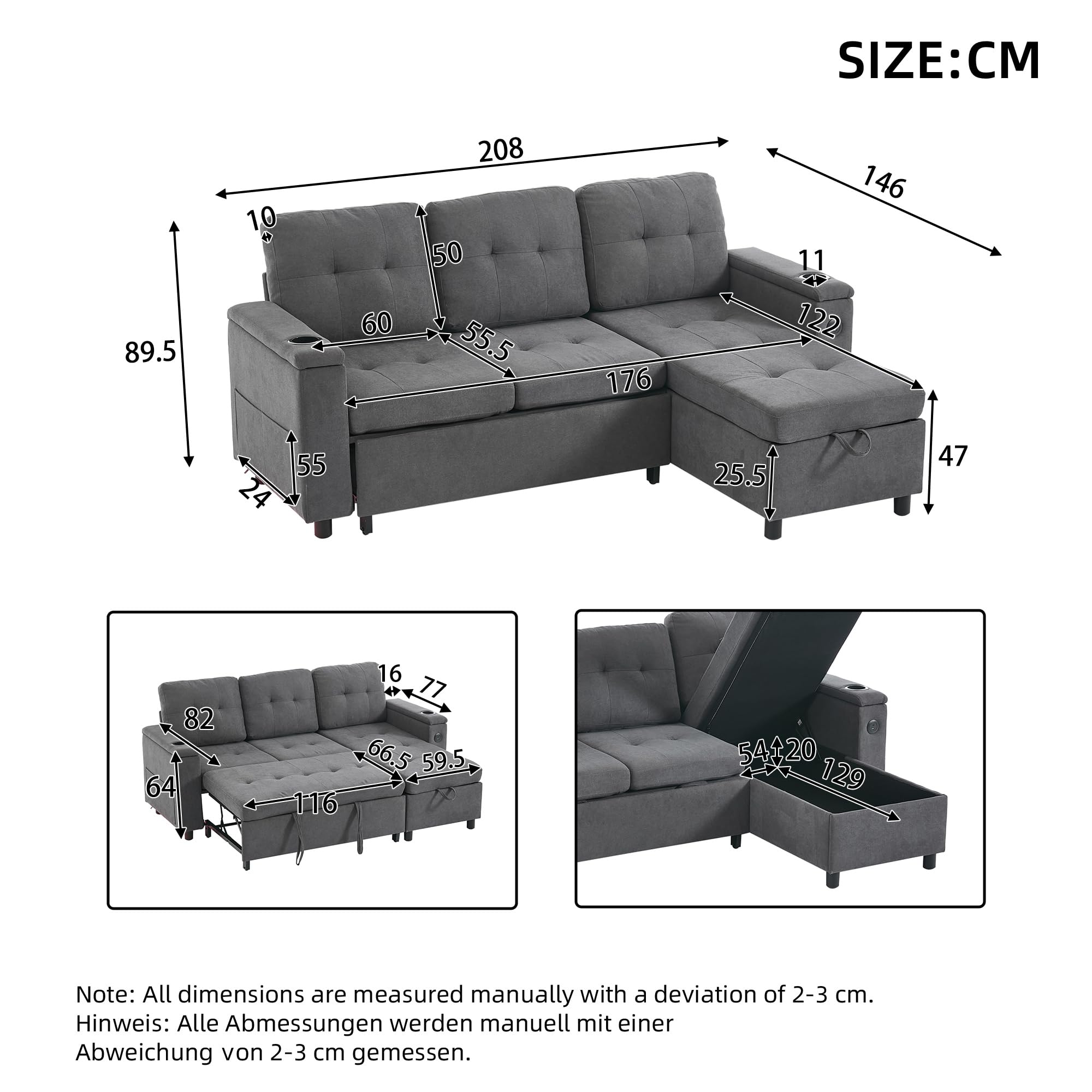 Sofá cama de 3 plazas, 208 × 146 cm, sofá plegable con espacio de almacenamiento y barra de luz LED, sofá con USB y tipo C, soporte para bebidas y bolsillos laterales, sofá esquinero en
