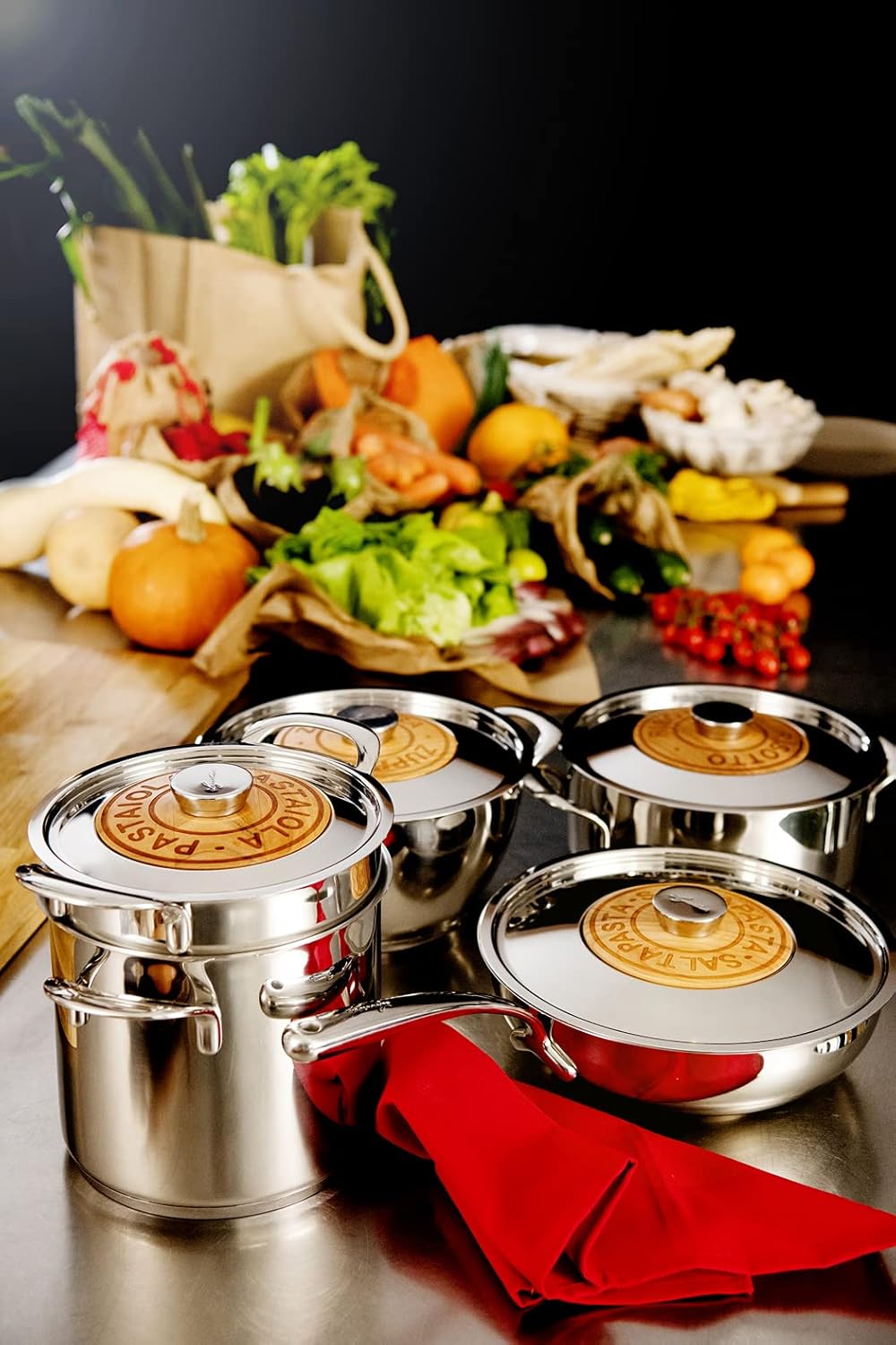 Lagostina Emozione Risotta + Lid with Cherry Insert Ø 24 cm, Induction and Gas Pot in 18/10 Stainless Steel and Wood, with Lagotherm Triple Layer Bottom and Wide Welded Handles