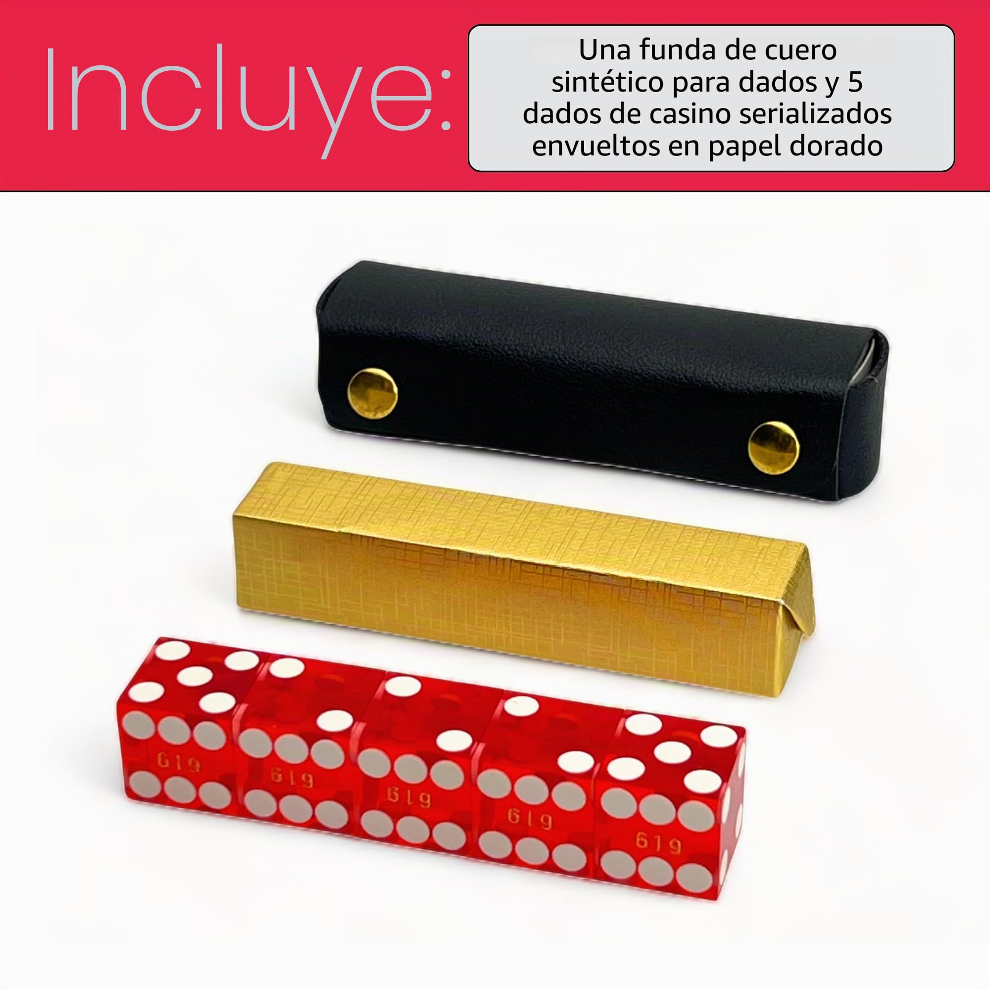 Luck Lab Juego de 5 Dados de Casino de Grado AAA de 19 mm con Bordes de maquinilla de Afeitar y números de Serie a Juego y Estuche de Cuero para Dados (Rojo)