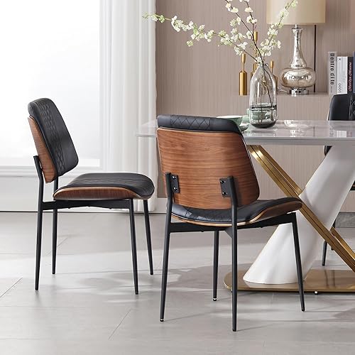 Miniatura 4 de BV - Juego de 2 sillas de comedor, sillas de cocina sin brazos de piel sintética en estilo moderno de nogal, silla auxiliar de madera curvada de