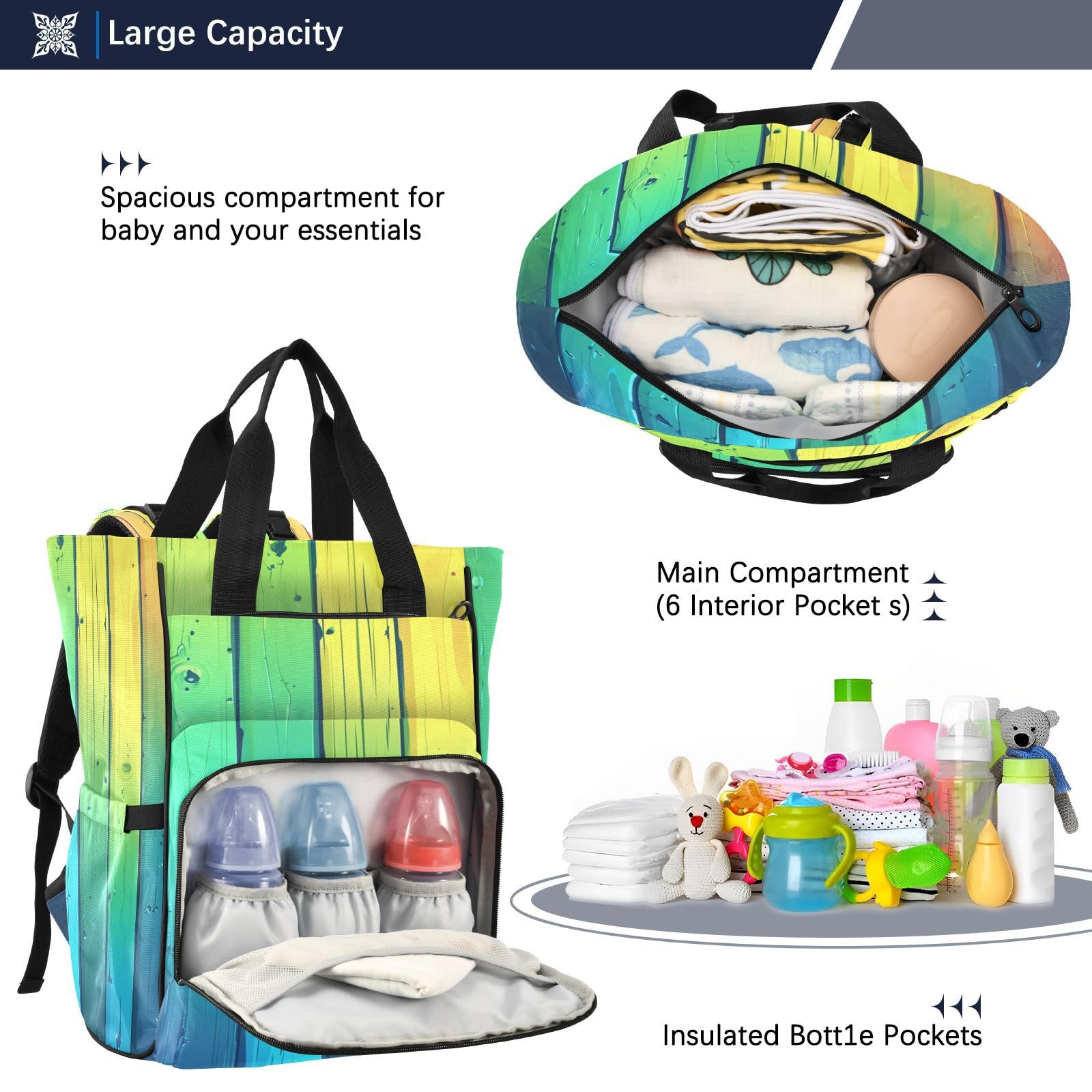 Los Tablones De Madera Pintaron El Arco Iris Mochilas de Pañales para Gran Capacidad Pañal Bolso Mochila para Viajar al Aire Libre Mamá y Papá