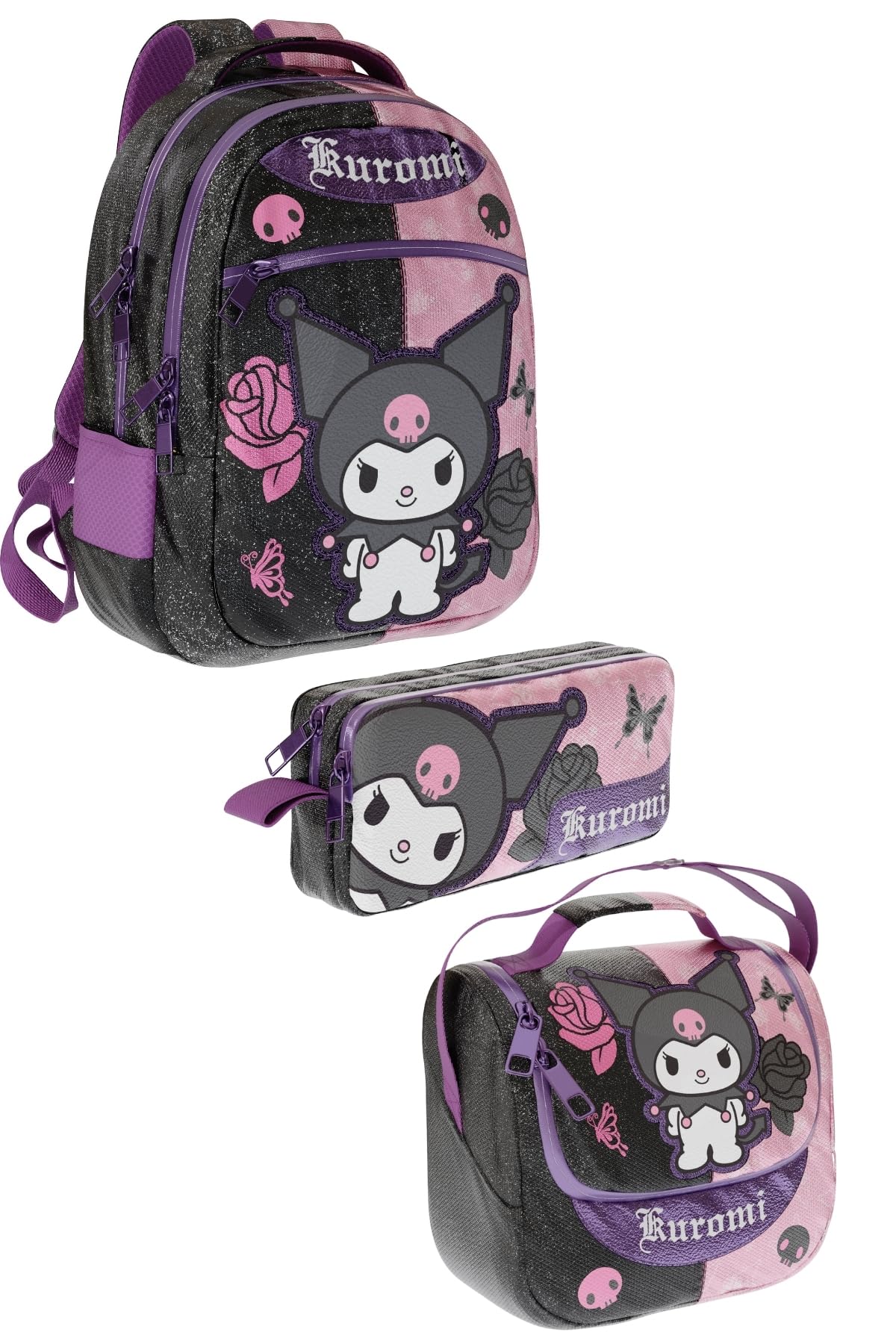 Wiggle Kuromi Temalı Lisanslı Premium 3'lü Okul Seti Sırt Çantası-Beslenme Çantası-Kalemlik