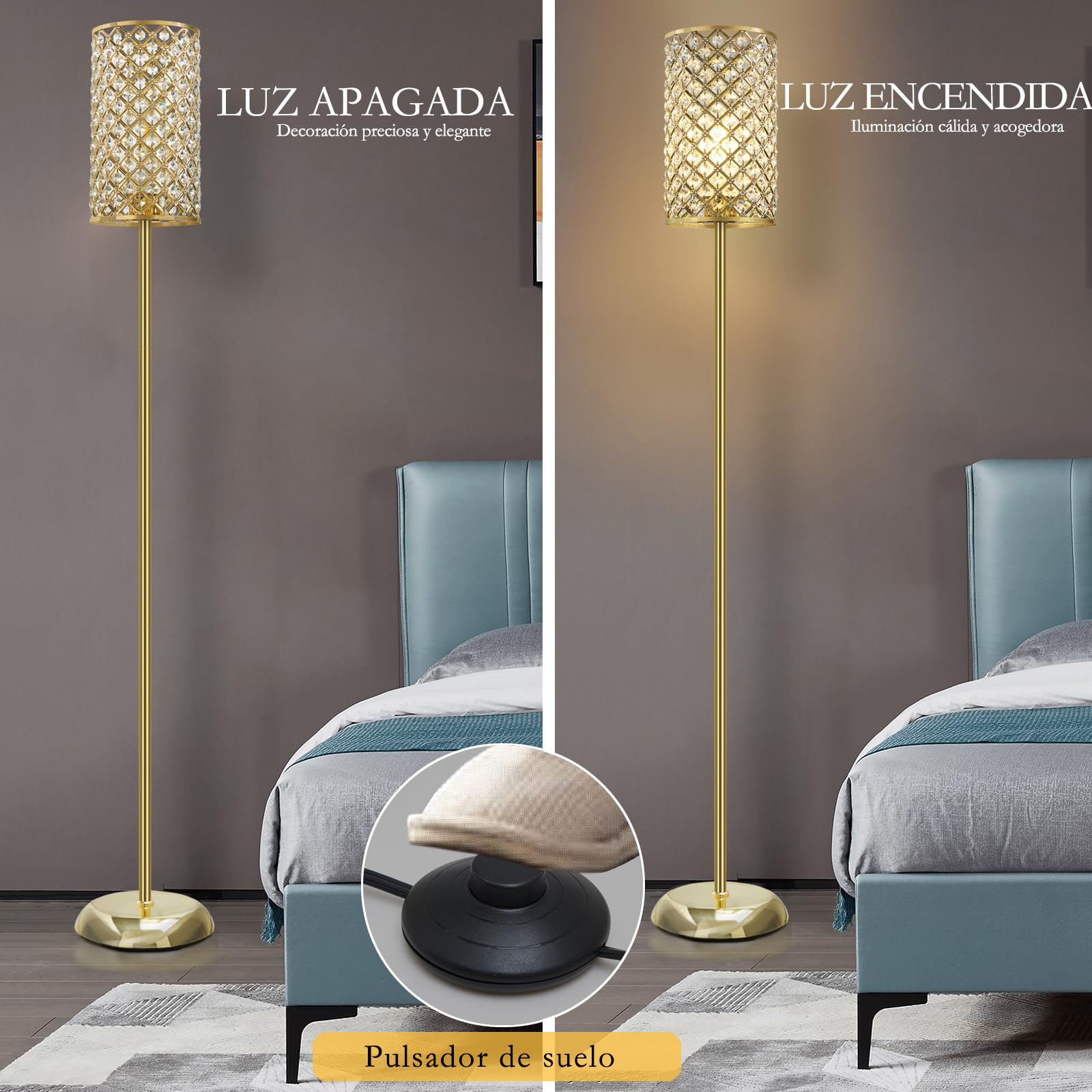 GyroVu Lámpara de pie, elegante lámpara de pie de cristal, moderna lámpara de pie con interruptor de encendido/apagado, iluminación para salón, dormitorio (Dorada)