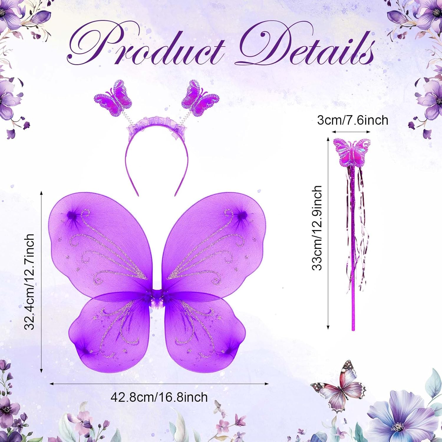 12 Sets Butterfly Fairy Wings, Butterfly Wings Princess Wand and Headband Set Purple Glitter Fairy for Sparkle Princess Wings Halloween Birthday Party Favors Accessories