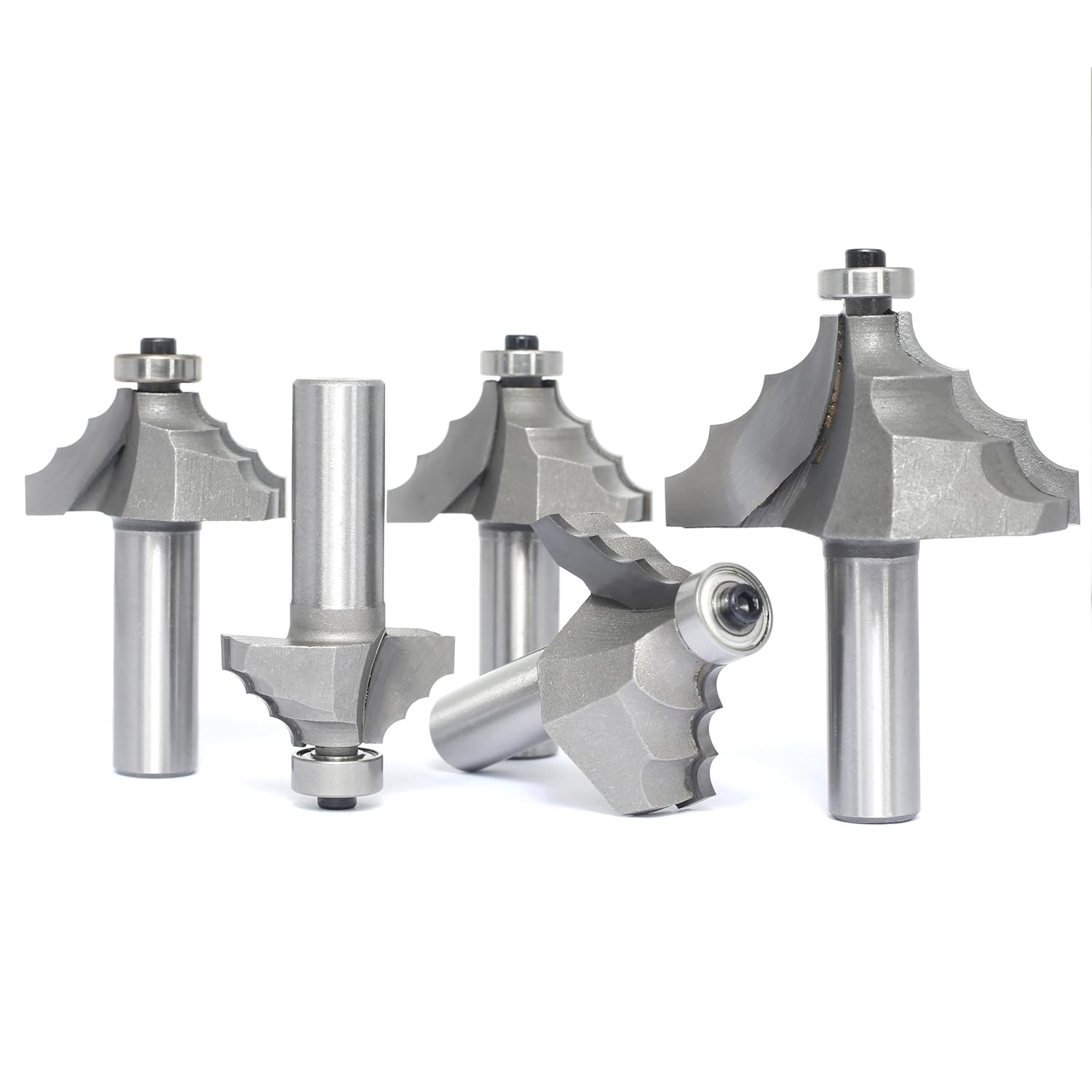 5Pcs Triple Bead Ovolo Bit Set,1/2" Shank,Radius 3.5mm, 4.5mm, 5.5mm, 6mm and 7.8mm,Decorative Edge Bits with 3 Quarter-round Rounding Over,Bearing Guided Router Bits for Wood Profiling,Molding