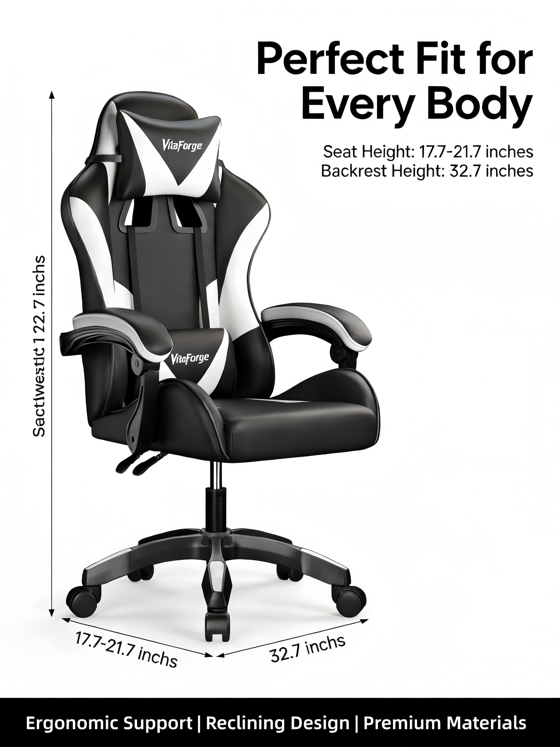 Fauteuil Gaming Fauteuil Bureau, Chaise de Jeu Ergonomique avec Réglable en Hauteur, Support Lombaire et Appui-tête - Cuir PU, pour Le Bureau ou Le Jeu (Noir et Blanc)