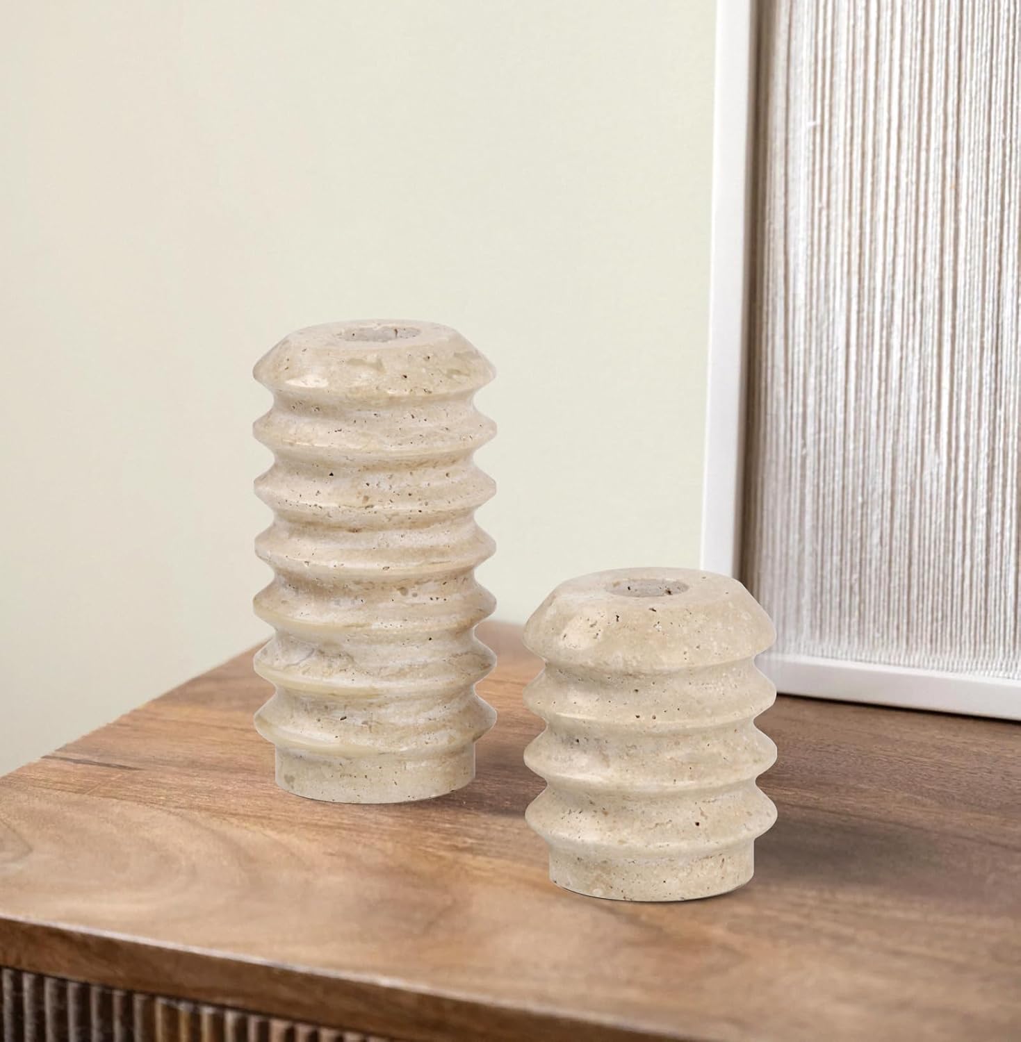 Vixdonos Taper Candle Holder Set Natural Travertine Candlestick Holder Mantle Candle Stand with Natural Stone Holes for Home Decor,Wedding,Party and Table Centerpieces(White)