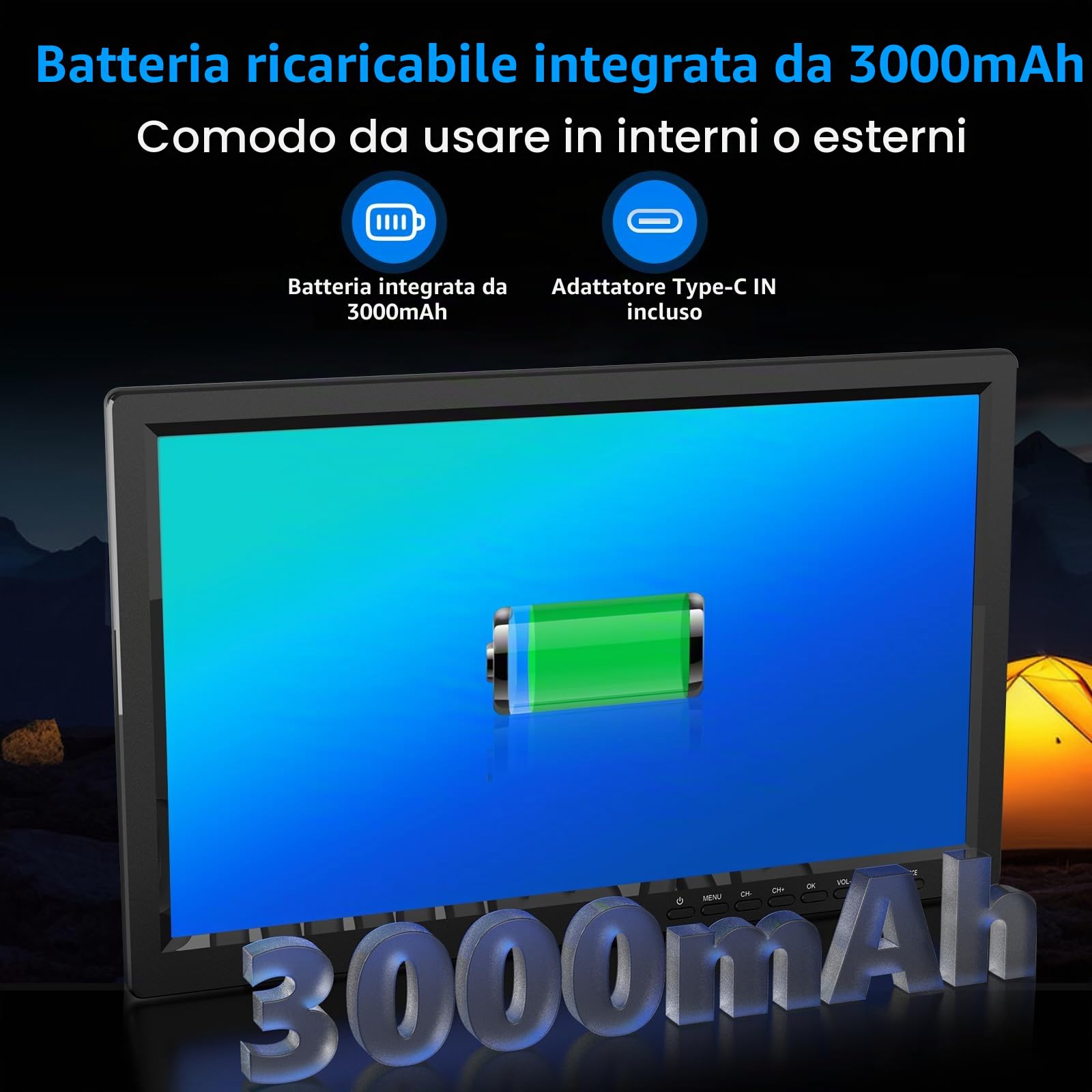 Desobry Televisore Portatile 15,6 Pollici HD 1080P - TV da Campeggio con Batteria 3000mAh, Sintonizzatore DVB-T2, HDMI/USB/AV - Per Camper, Giardino