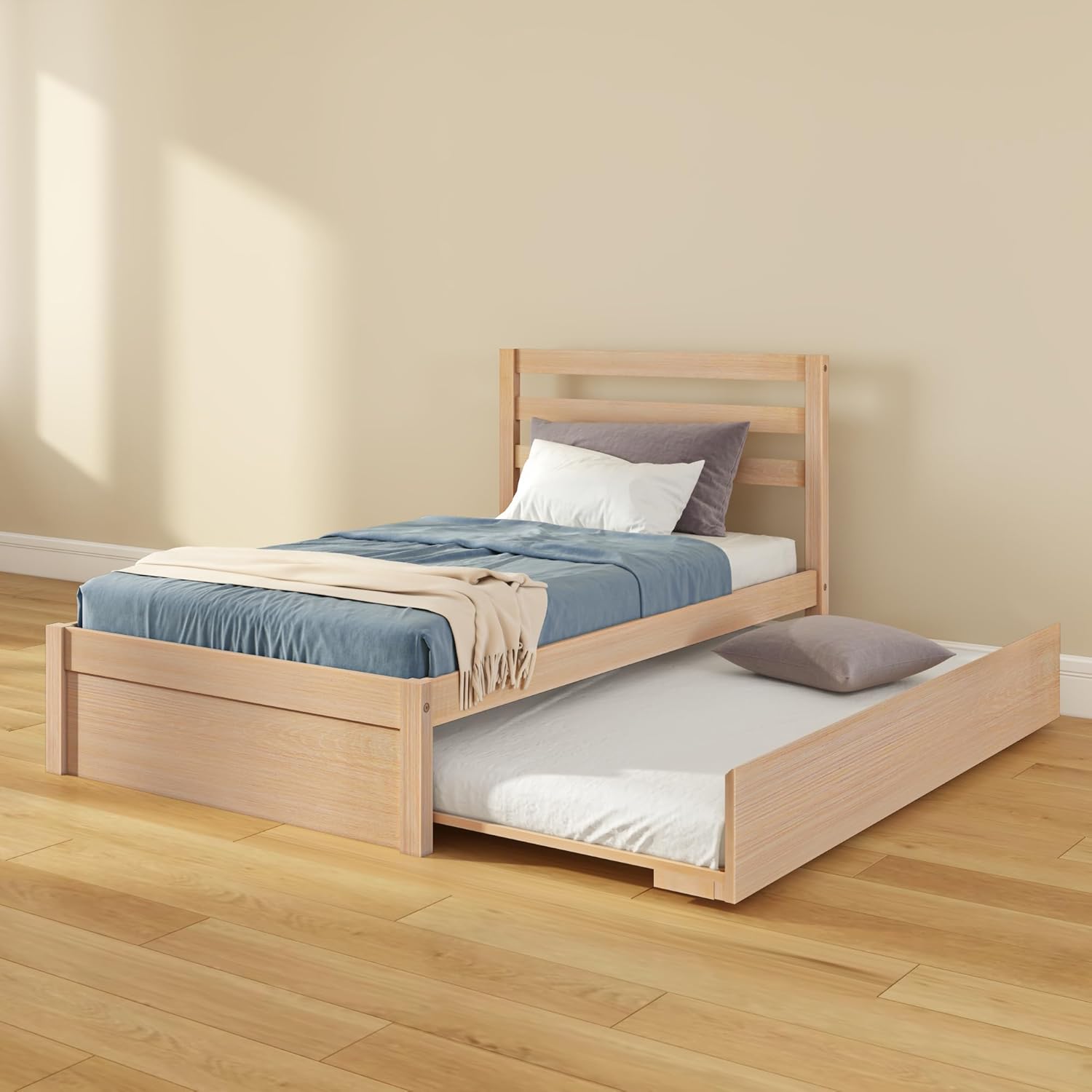 Grain & Grove Bear Twin Bed Frame, Wooden Platform Bed with Slat Headboard, No Box Spring Needed, Modern Low Profile Design, Embossed Natural