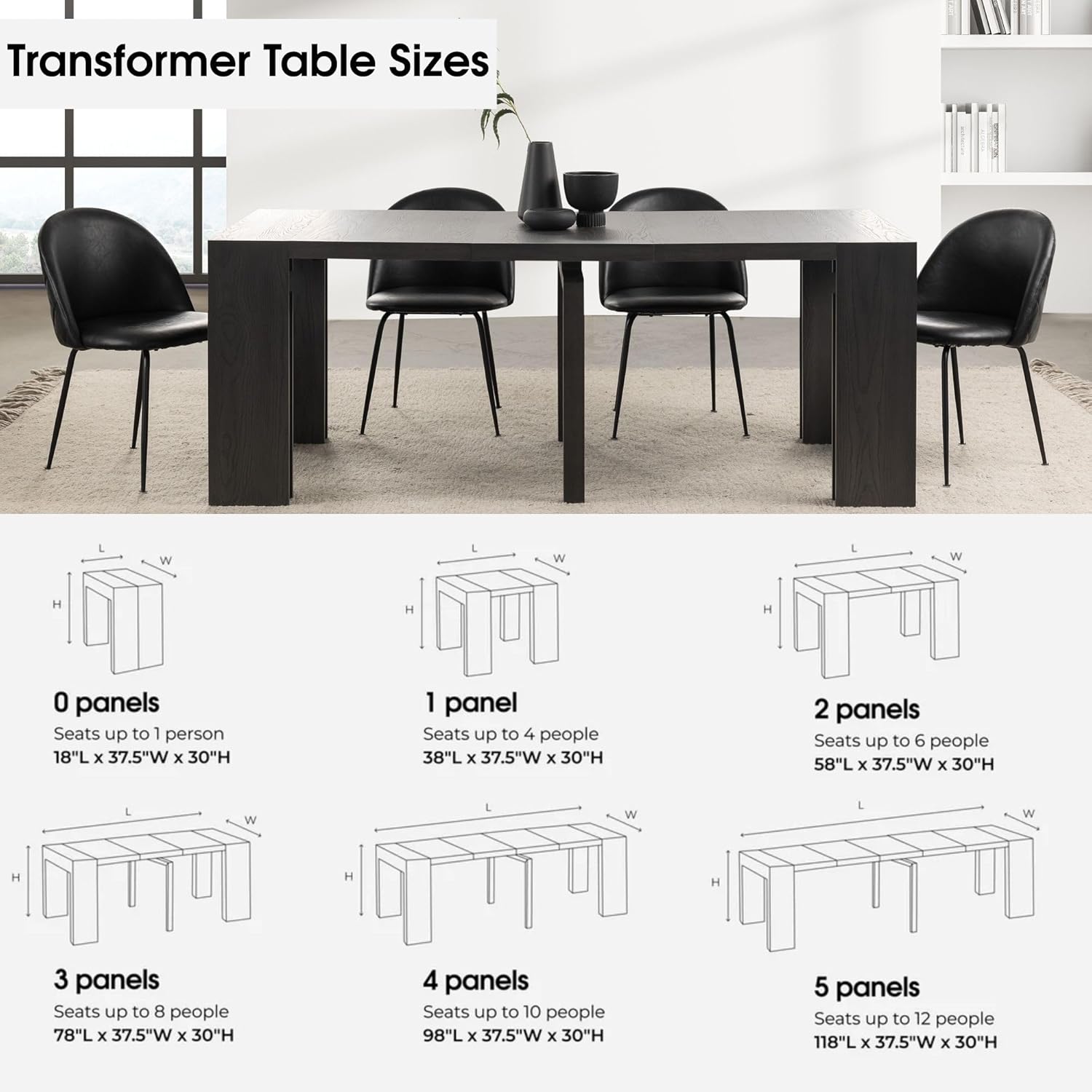 Transformer Table - Solid Wood Extendable Dining Table, Seats 2-12, Expandable Dining Room Table, Space-Saving Furniture, Expandable Dining Furniture, Black (Table Only)