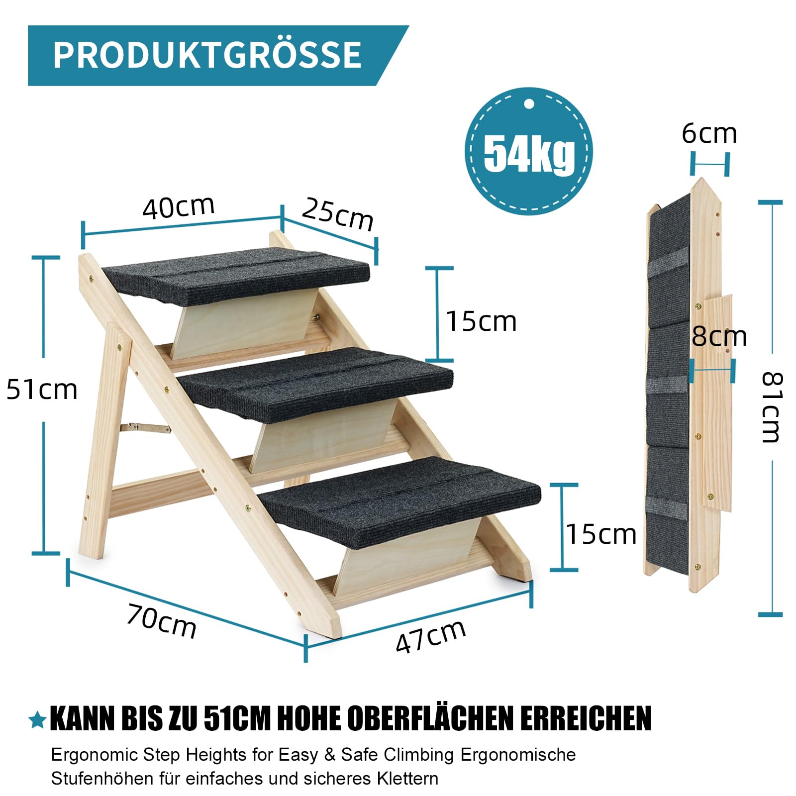 Holz-Haustiertreppe/Haustierstufen für alle Hunde und Katzen – 2-in-1 Faltbare Hundetreppe mit Teppichboden und 3 Ebenen & Rampe für Betten und Autos – tragbare Hunde-/Katzenleiter bis zu 54 kg