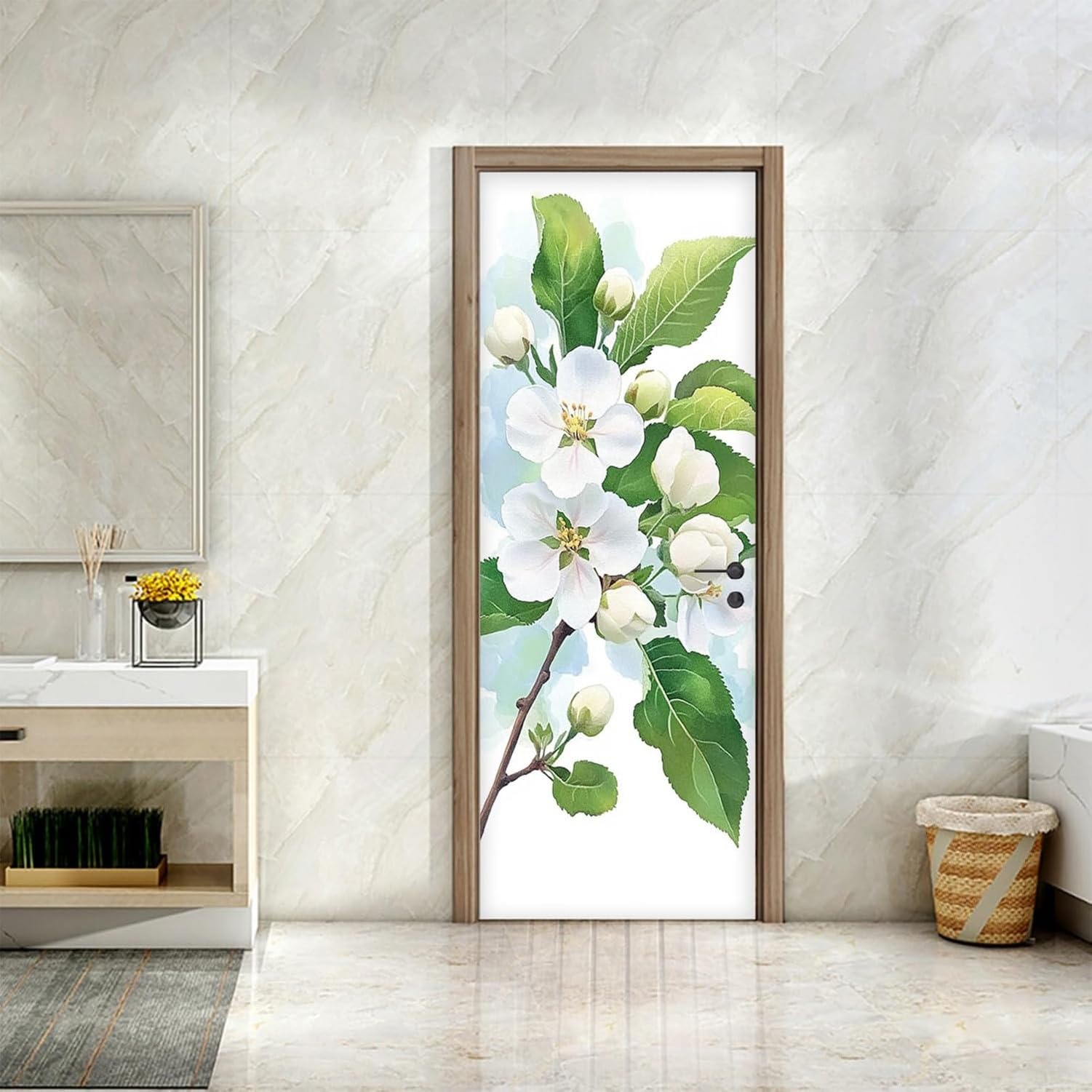 Naklejki na drzwi wewnętrzne biały kwiat Motywy kwiatowe Dekoracja drzwi do sypialni salonu łazienki biura Naklejka samoprzylepna, 44 x200cmx2pcs, 44 x200cmx2pcs