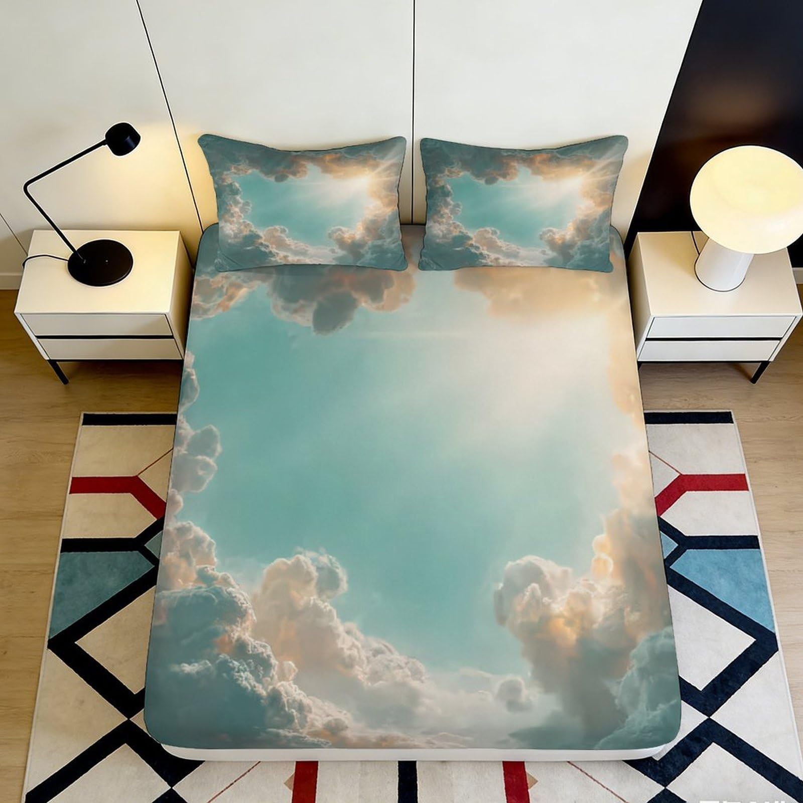 3D Printed Cloud Sky Fitted Sheet Microfiber Soft Breathable Blue Sky Bed Cover for Bedroom Dormitory Guest Room Mattress Protection Decor 180x200x25cm