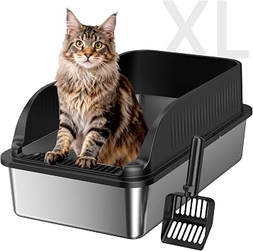 Stainless Steel Litter Box with High Sides, Include Scoop, Black