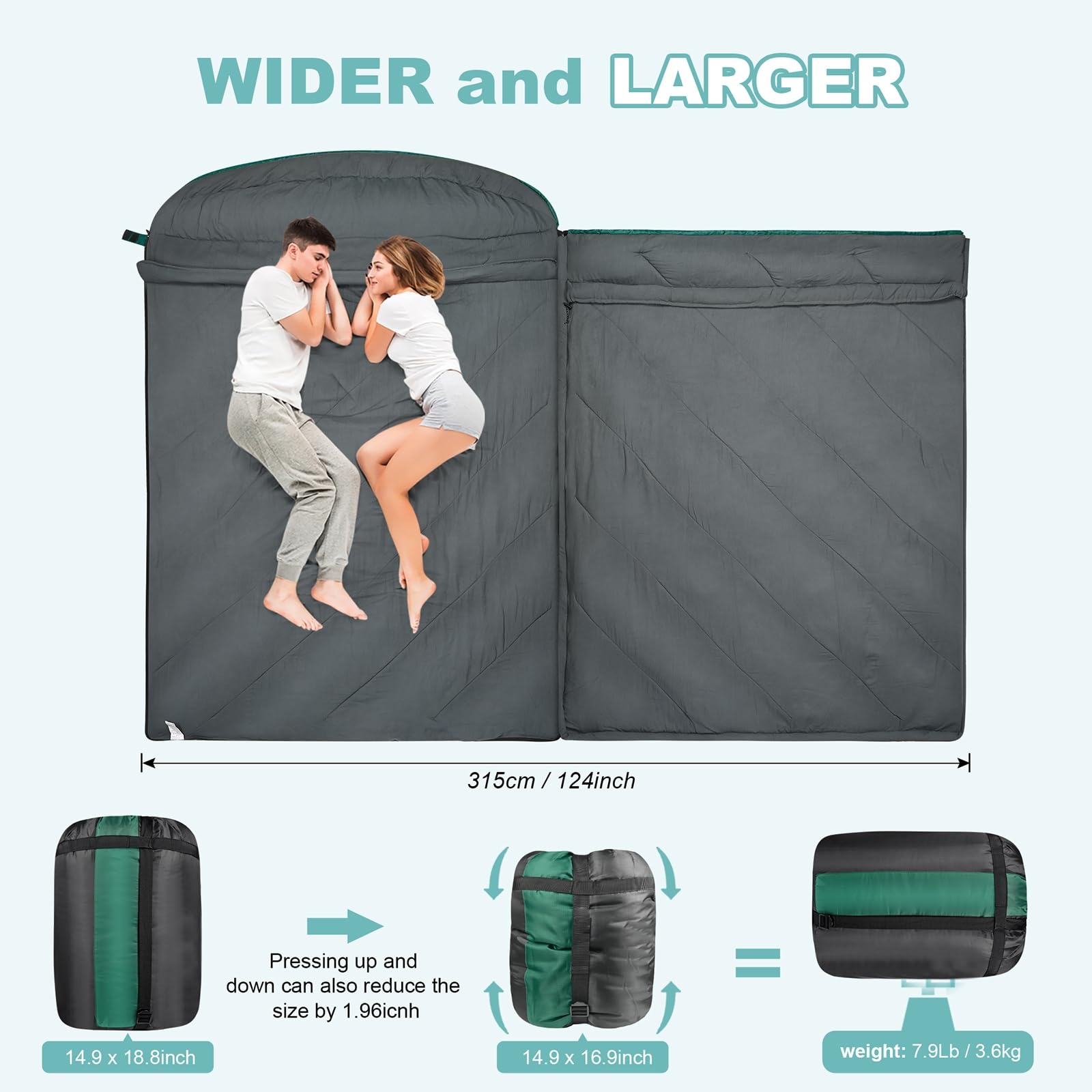 Saco de dormir doble, saco de dormir para 2 personas, tamaño Queen, para adultos, parejas, familia, camping, mochileros, XL, impermeable, ligero, para clima frío y cálido (azul lago)