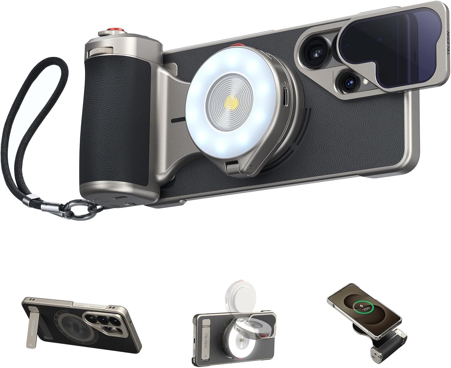 TELESIN Master Grip Kit für Samsung Galaxy S26 Ultra, Magnetisches Hülle & Grip mit 3200mAh Akku, ND16-Filter, 10-facher Blitz mit Vorblitz-Messung & LED, Kabelloses Laden, DSLR-Griff