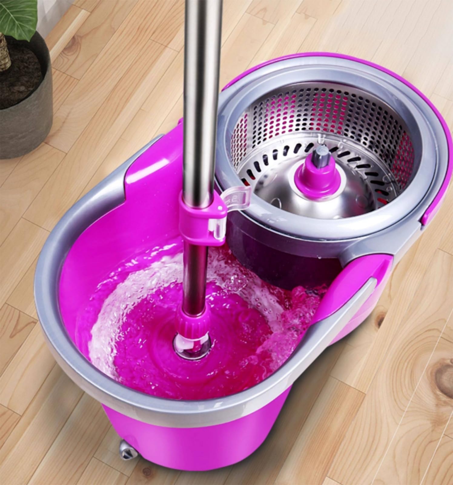 Fregona y cubo giratorios de 360° con escurridor y cabezales de microfibra | Sistema de fregona de suelo fácil, juego de fregona giratoria y cubo con mango extensible