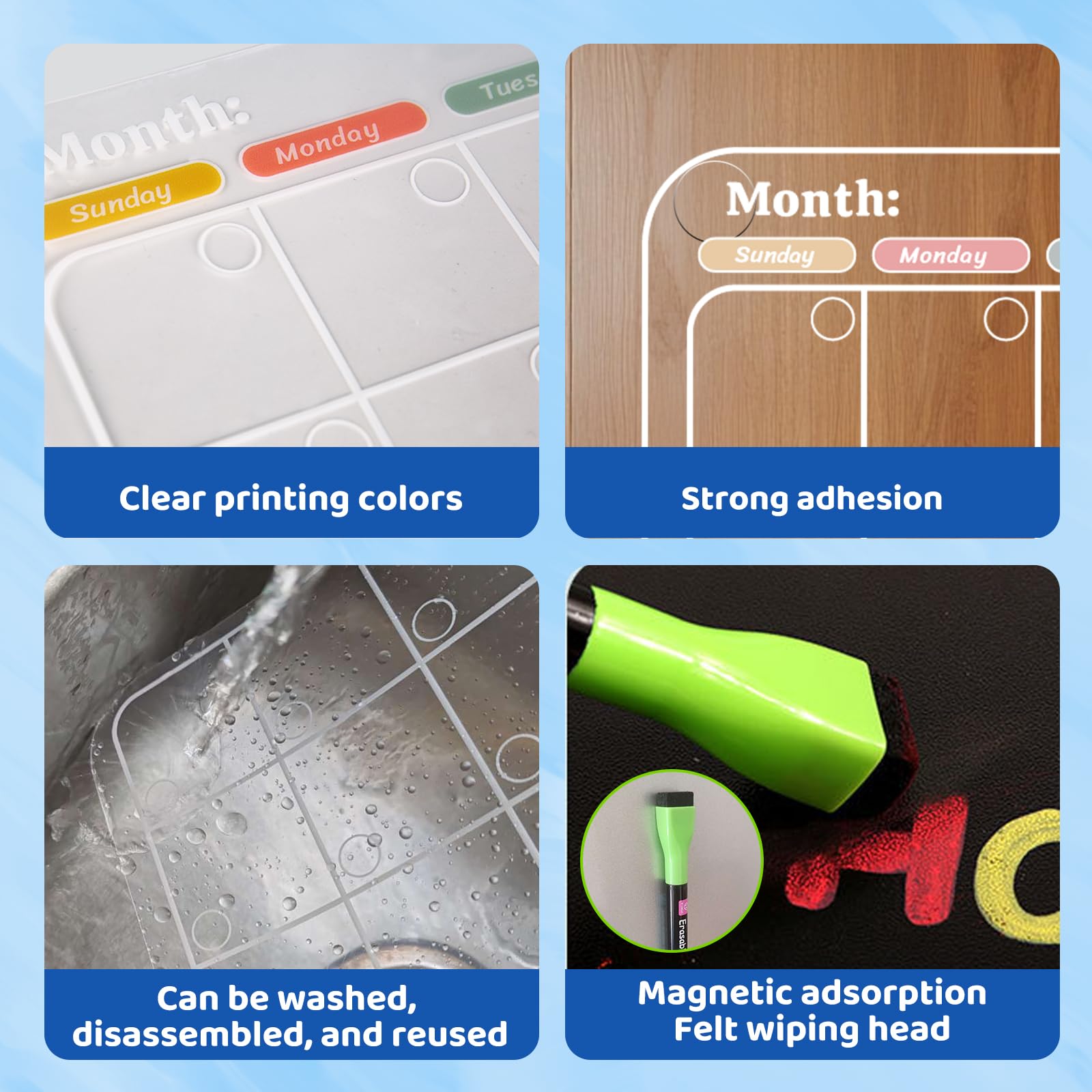Set di calendari non magnetici per frigorifero, riutilizzabili, cancellabili a secco, mensili e settimanali, tabella delle faccende trasparente, si attacca a parete, vetro, porta e qualsiasi
