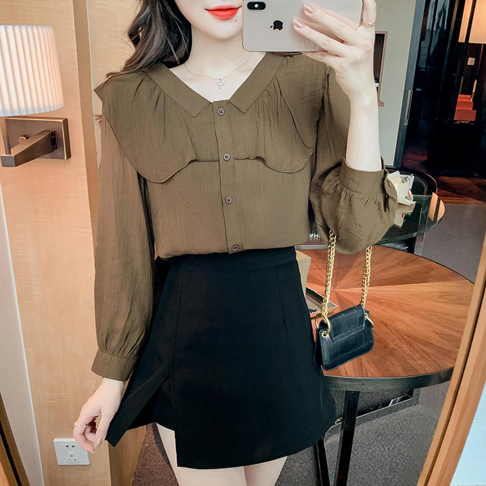 Camisa con Volantes Camisa de Moda con Cuello en V de Manga Larga para Mujer Top Elegante de Primavera Que Reduce la Edad-Negro-S