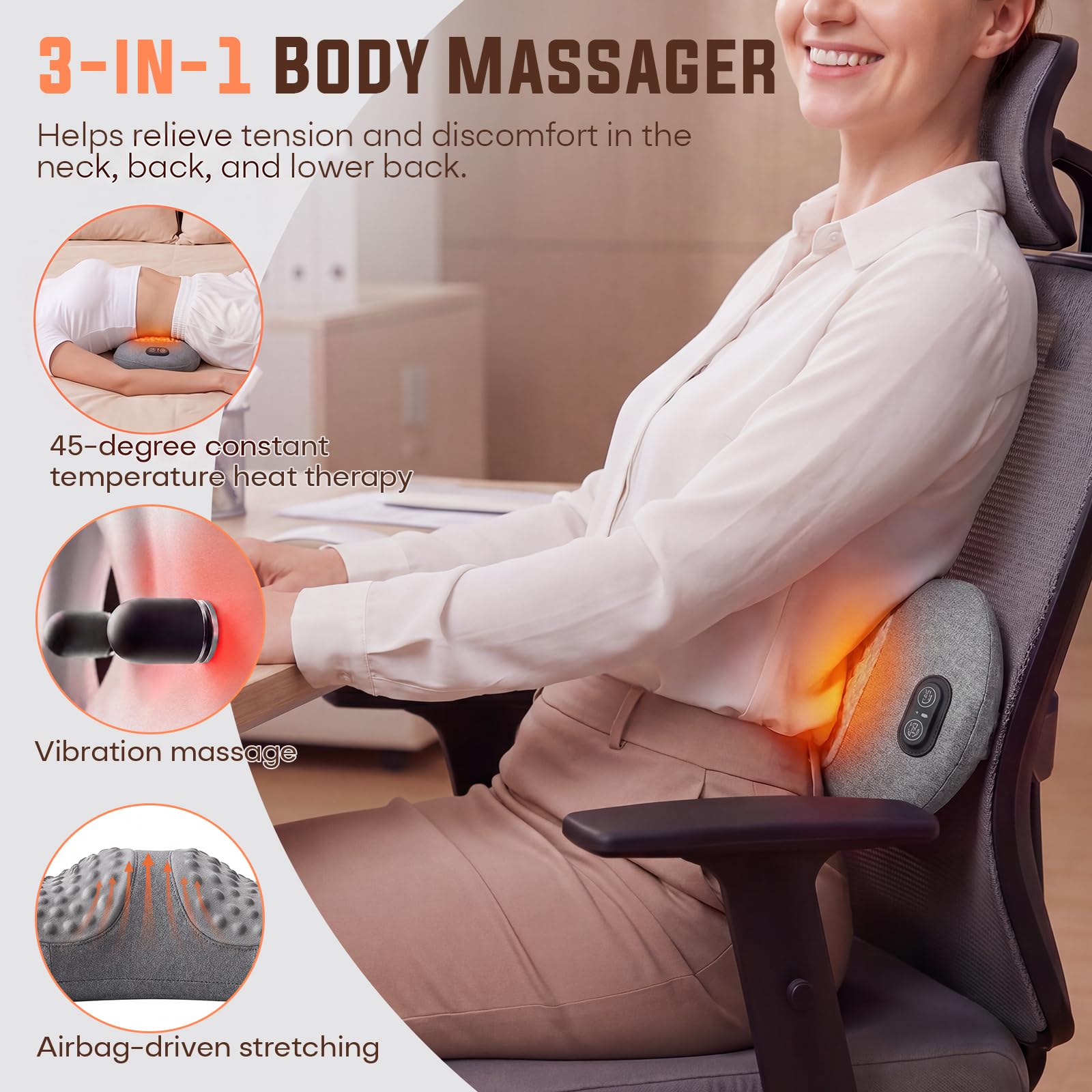 3-in-1 Ergonomisches Rückenmassagegerät, Wärme, Vibration,Zug,back massager | Dieses Massagegerät rücken mit Zugfunktion, Vibration & Wärmefunktion, Vielseitiges Massagekissen für Zuhause, Büro und Auto